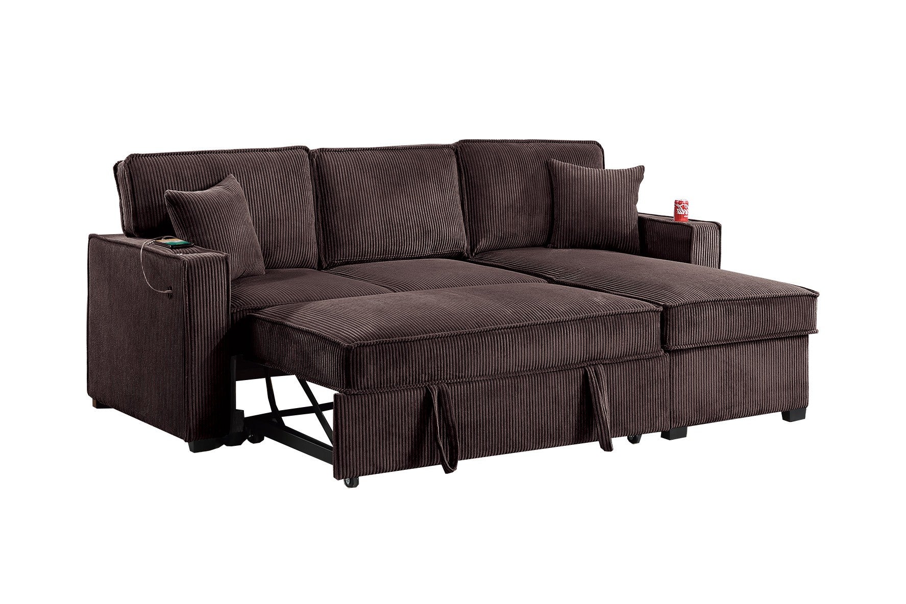Contemporary Style Convertible Sectional Cup Holder USB And USB-C Port Storage Chaise Matching Pillows Pull Out Extension Chocolate Finish Primary Living Room