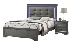 Gray Finish 1pc Queen Size Bed Square Button Tufting LED Lights Gray Finish Bedroom Furniture