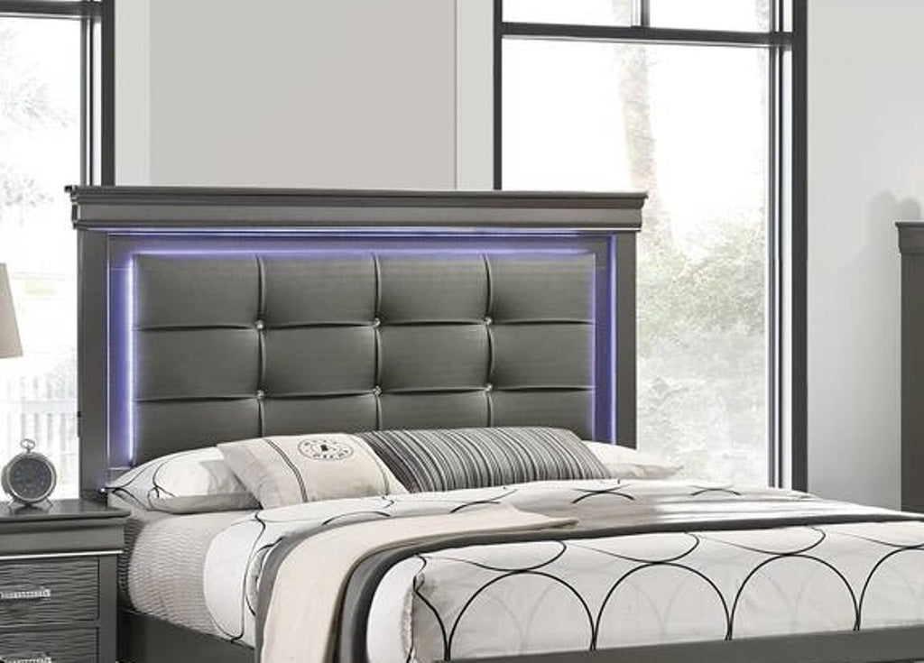 Gray Finish 1pc Queen Size Bed Square Button Tufting LED Lights Gray Finish Bedroom Furniture