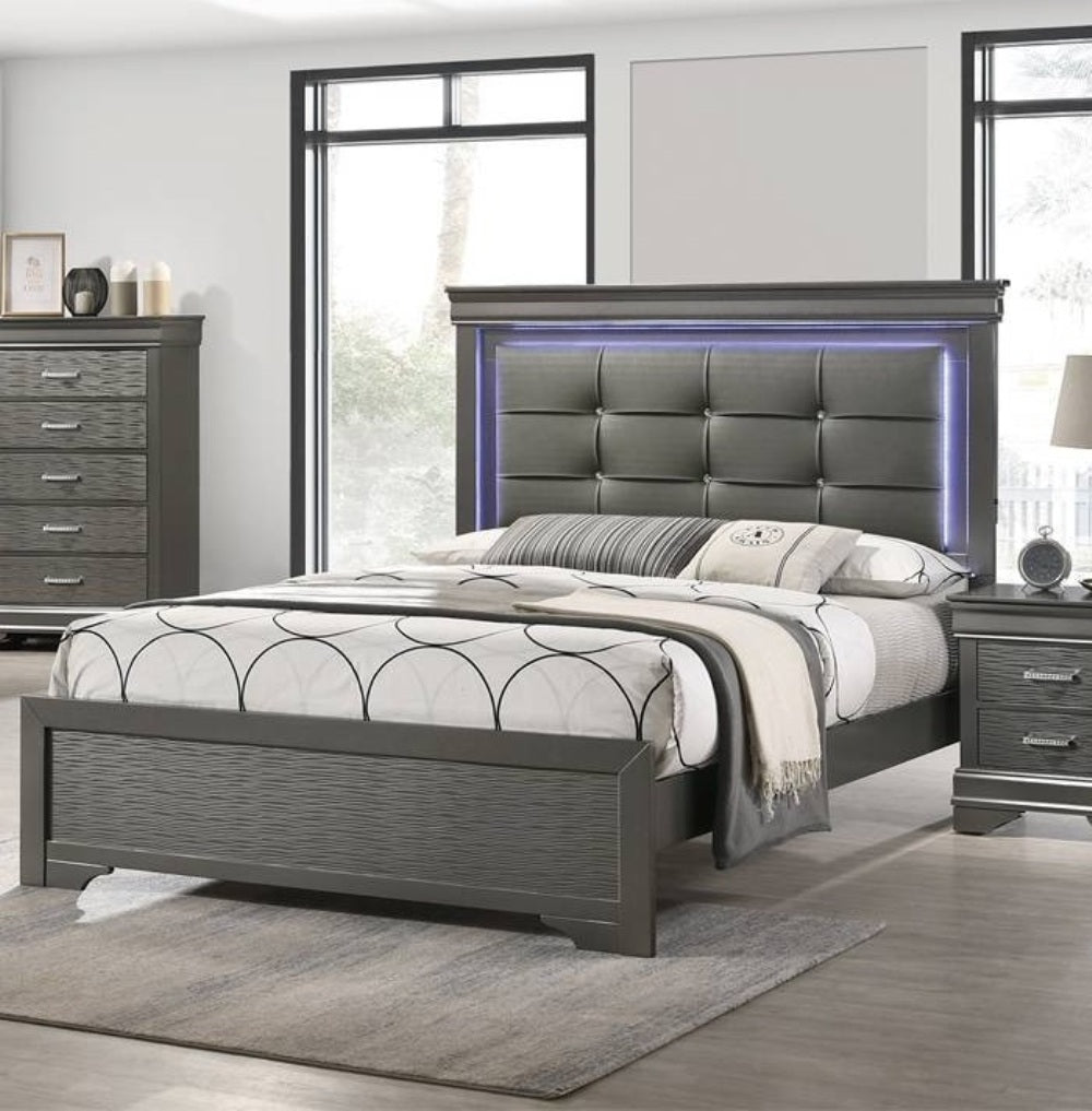 Gray Finish 1pc Queen Size Bed Square Button Tufting LED Lights Gray Finish Bedroom Furniture