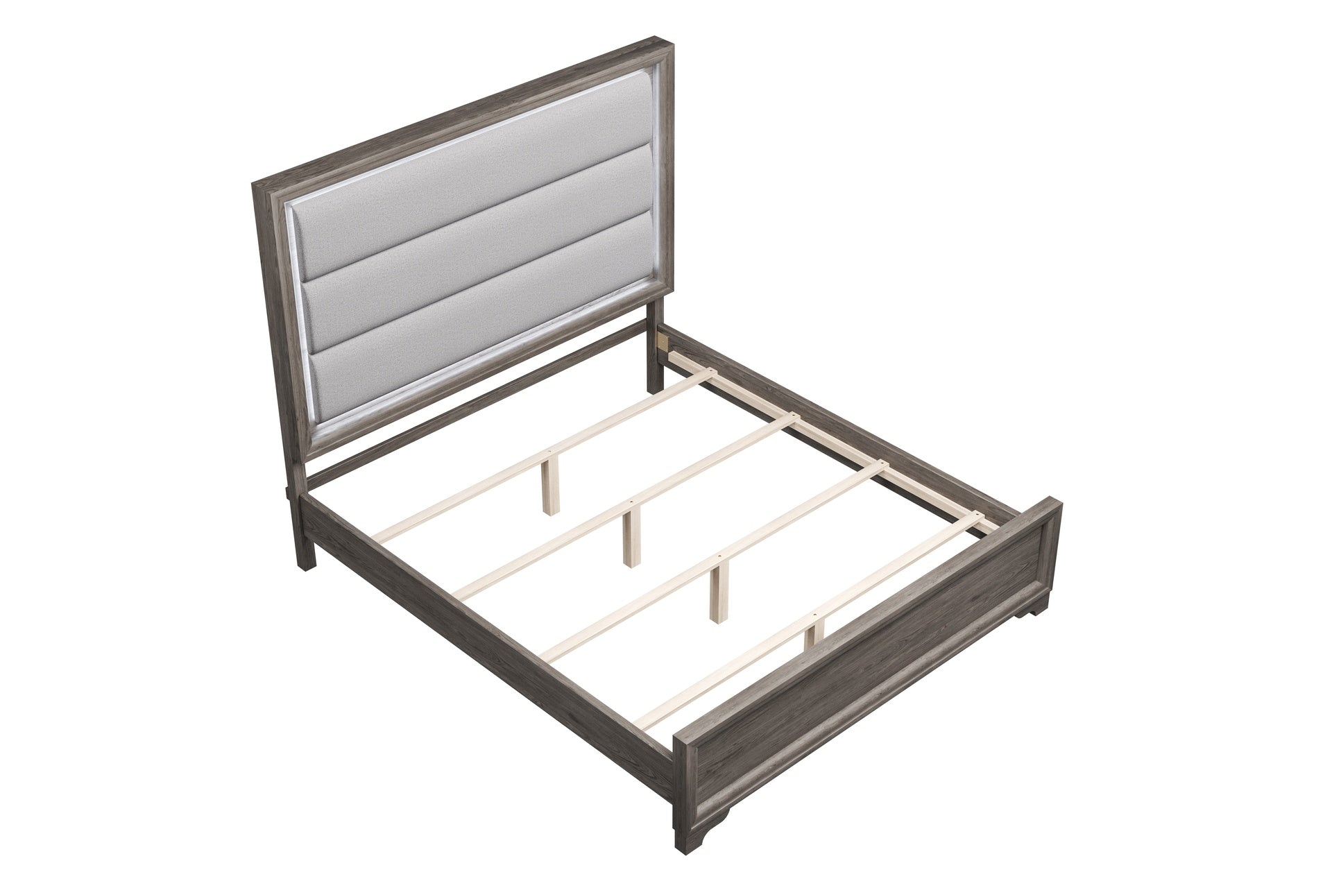 1pc Queen Size Bed Horizontal Tufting Headboard LED Lights Light Brown Finish Bedroom Furniture