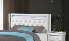 Modern Style Queen Size Bed LED Lights Charging Port Button Tufted Metal Legs White Finish Bedroom Furniture