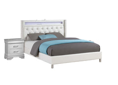 Modern Style Queen Size Bed LED Lights Charging Port Button Tufted Metal Legs White Finish Bedroom Furniture