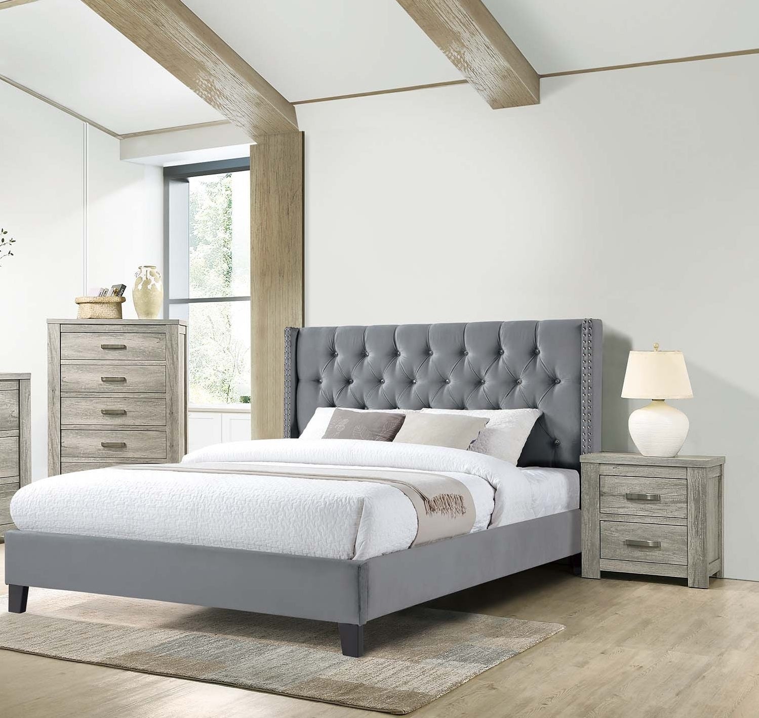 Queen Size 1pc Bed Nailhead Head Trim Diamond Tufted Headboard Gray Finish Bedroom Furniture