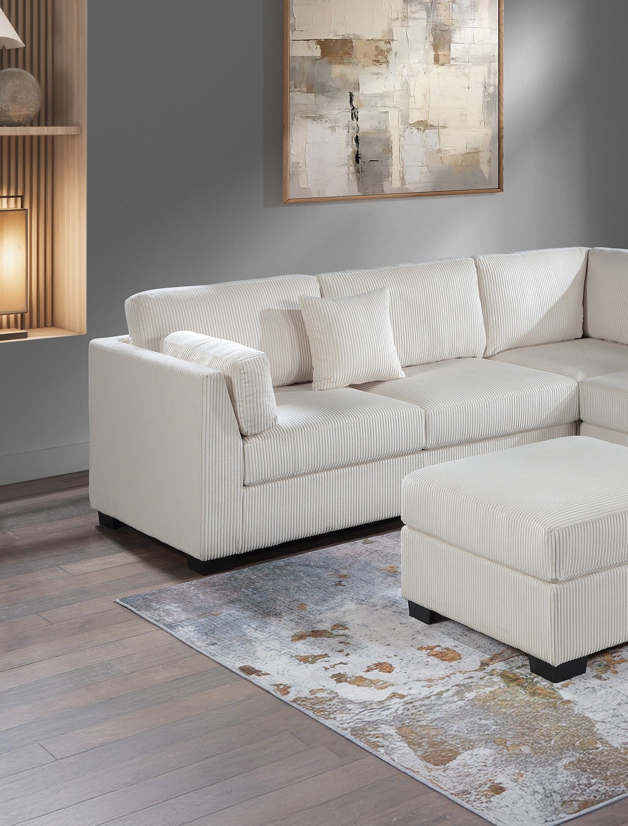 L-Sectional RAF/LAF One Arm-Loveseat Corner Wedge Cocktail Ottoman Beige Corduroy Upholstered Pillows 4pc Sectional Sofa Set