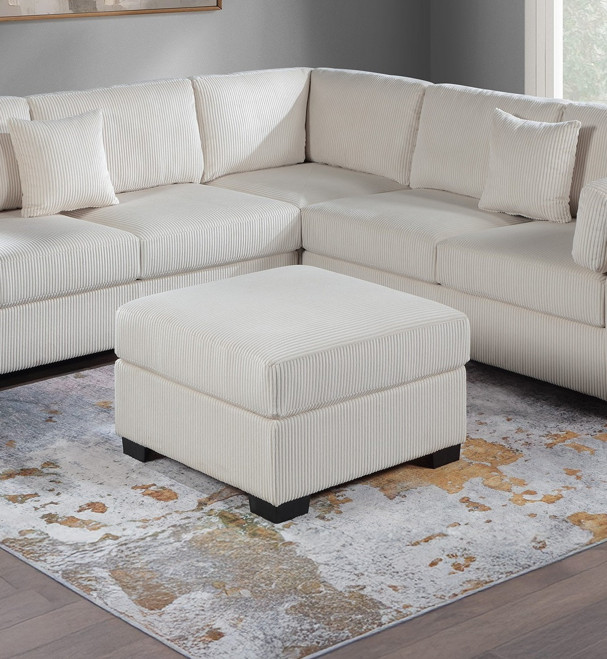 L-Sectional RAF/LAF One Arm-Loveseat Corner Wedge Cocktail Ottoman Beige Corduroy Upholstered Pillows 4pc Sectional Sofa Set
