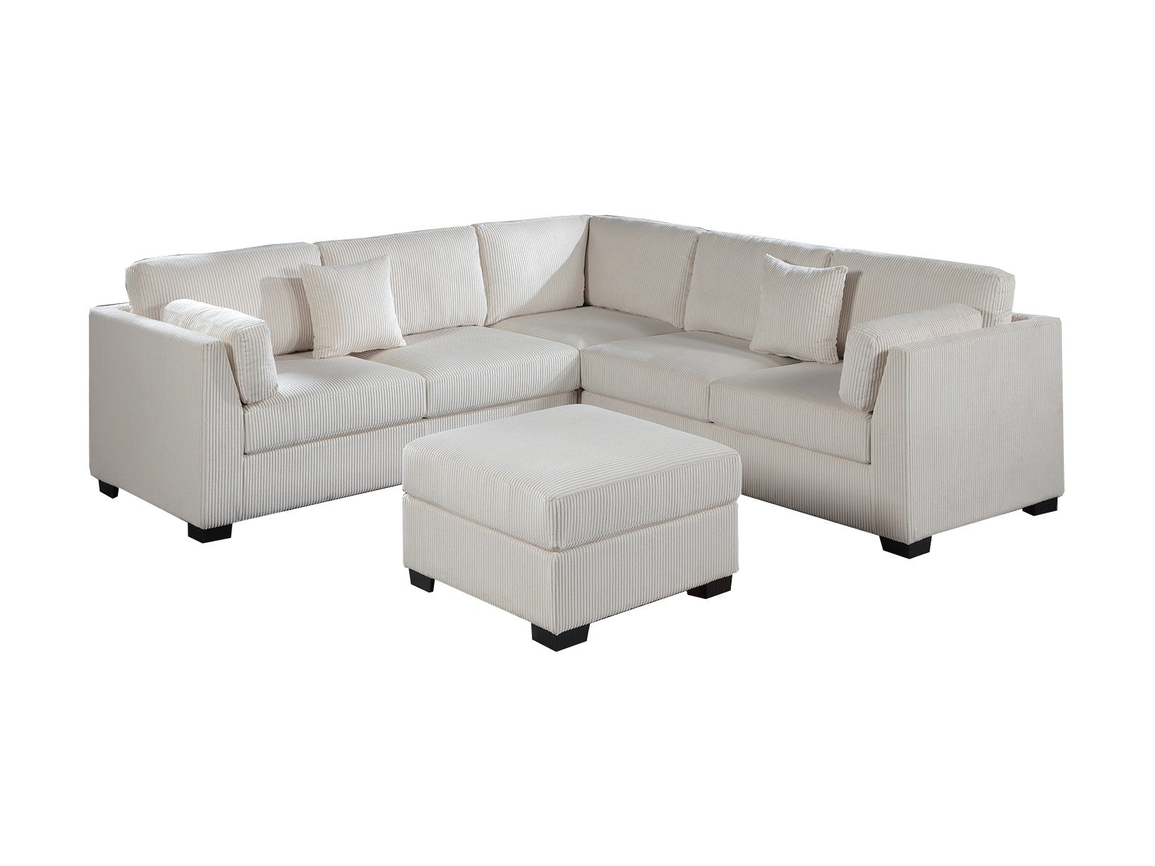 L-Sectional RAF/LAF One Arm-Loveseat Corner Wedge Cocktail Ottoman Beige Corduroy Upholstered Pillows 4pc Sectional Sofa Set