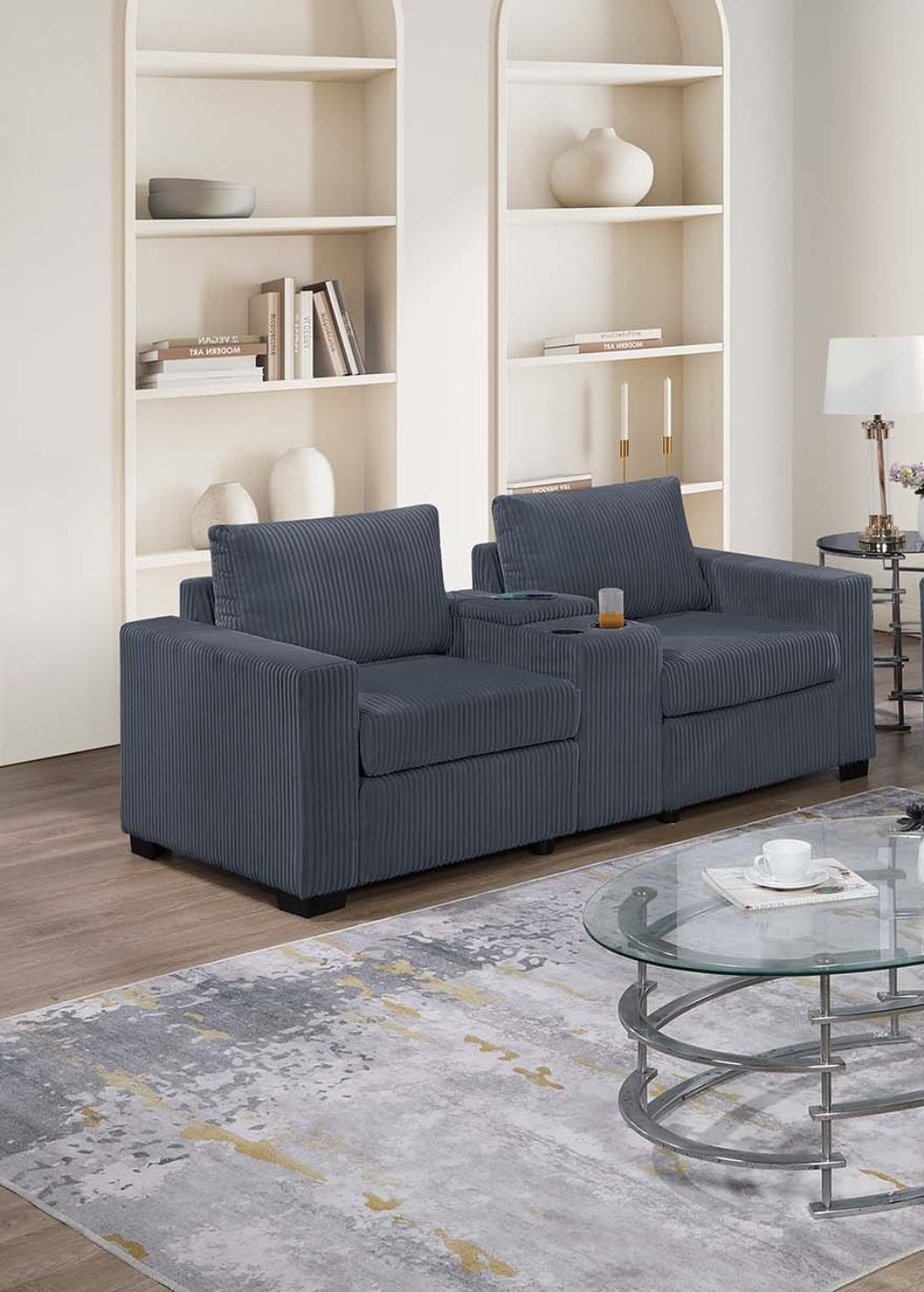Elegant Simple Sofa w Console Cup Holder And Loveseat 2pcs Sofa set Dark Gray Wide-Welt Corduroy Living Room Couch