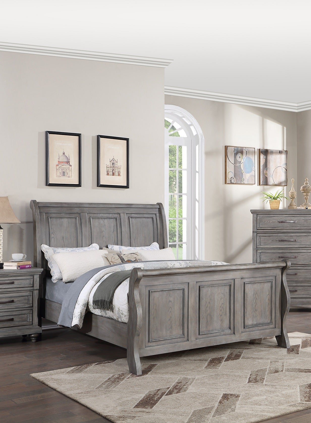 Grey Sleigh Design Headboard FB 1pc Eastern King Size Panel Bed Beautiful Wooden Bedroom Furniture Antique Gray Oak Finish