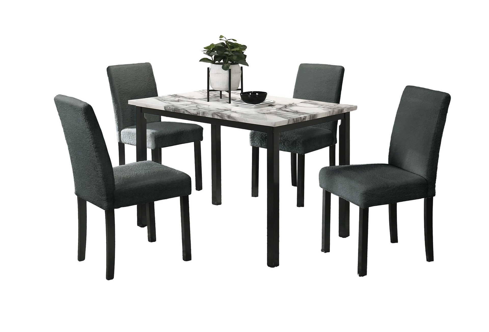 Charcoal Finish Wool Fabric Chairs Faux Marble Top Table 5pc Dining Set Kitchen Dinette Cushions Upholstered 4x Chairs Dining Room