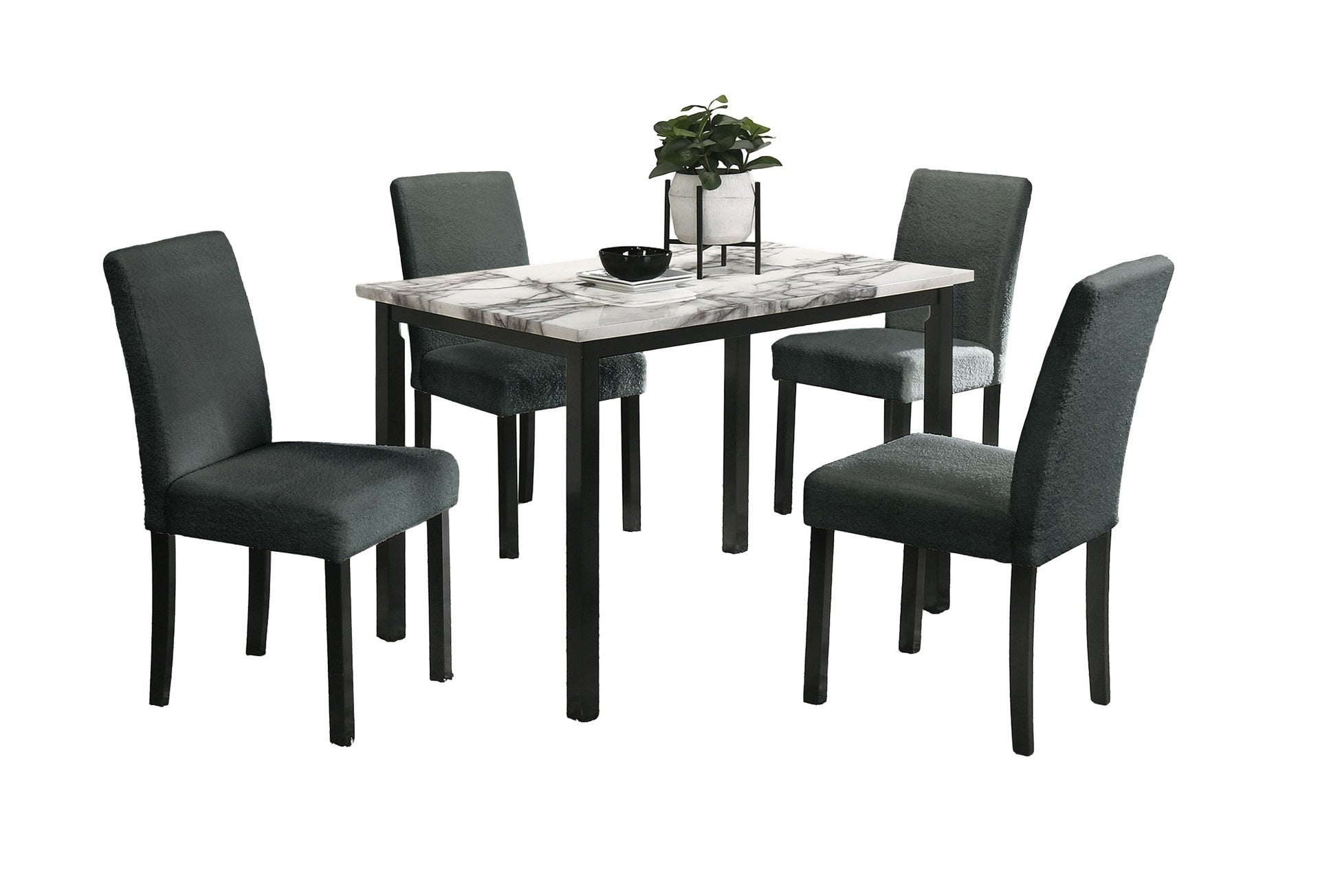 Charcoal Finish Wool Fabric Chairs Faux Marble Top Table 5pc Dining Set Kitchen Dinette Cushions Upholstered 4x Chairs Dining Room