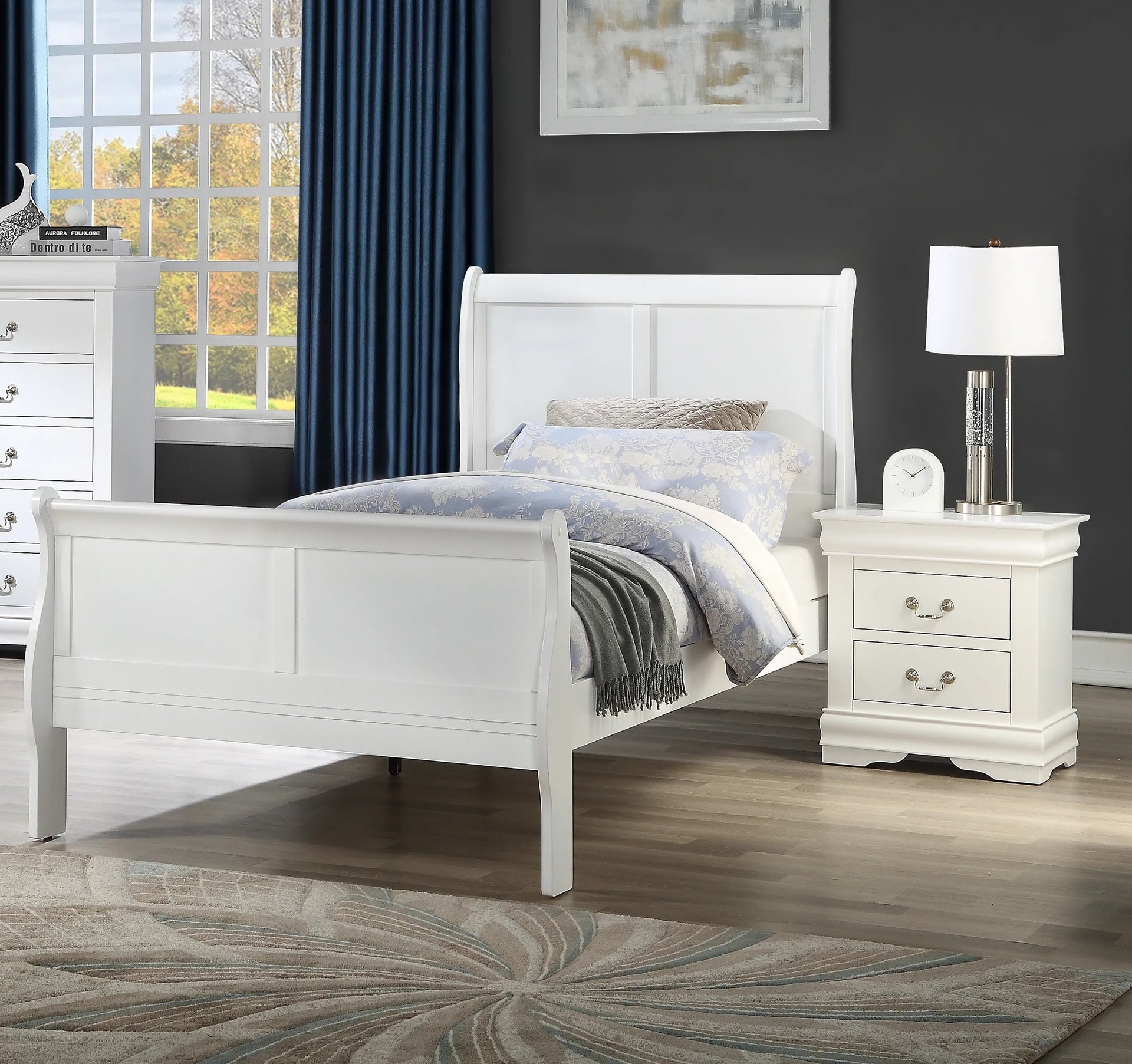 Twin Size Bed White Louis Phillipe Solid wood 1pc Bed Bedroom Sleigh Bed Bedroom Furniture