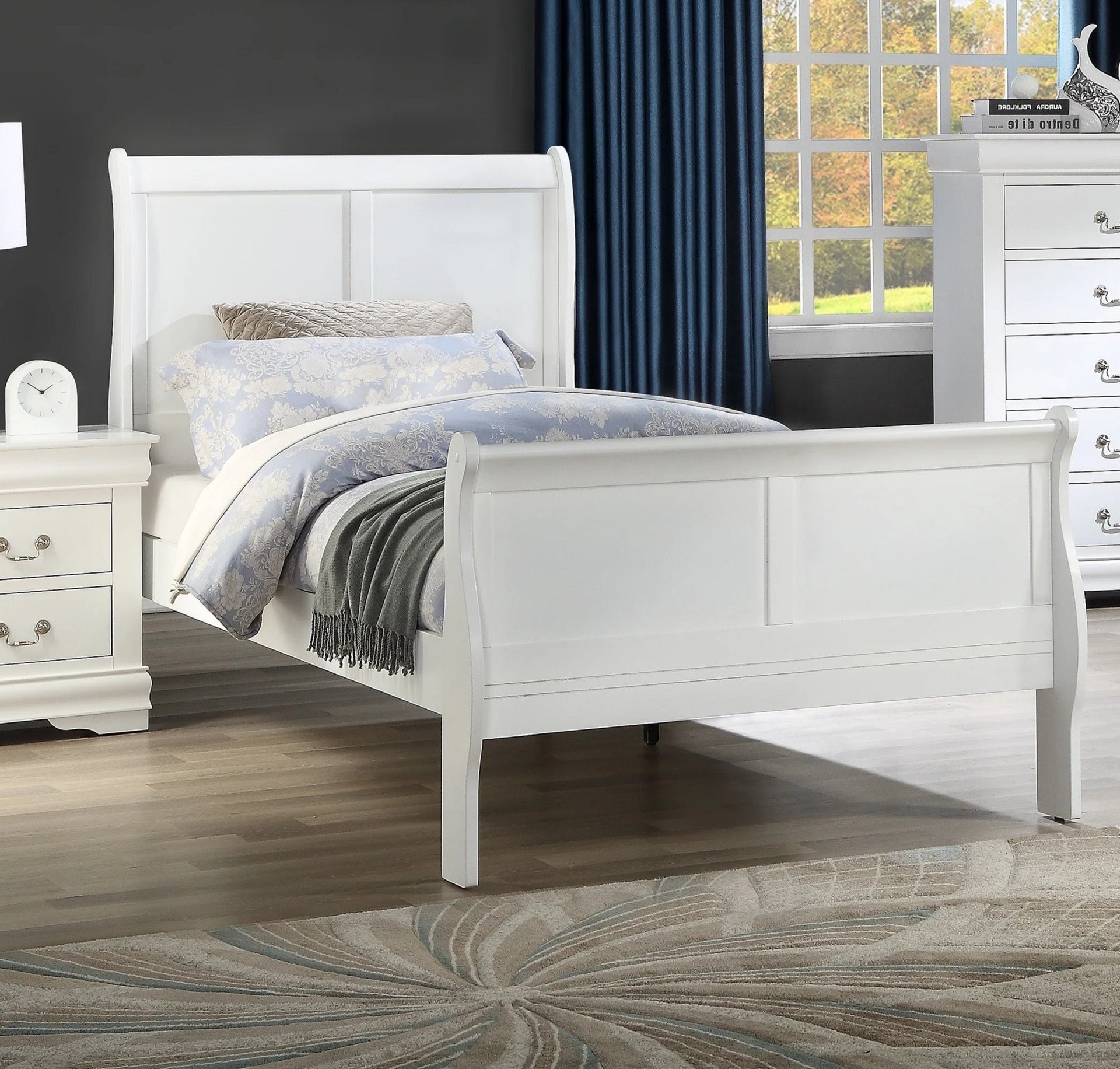 Twin Size Bed White Louis Phillipe Solid wood 1pc Bed Bedroom Sleigh Bed Bedroom Furniture