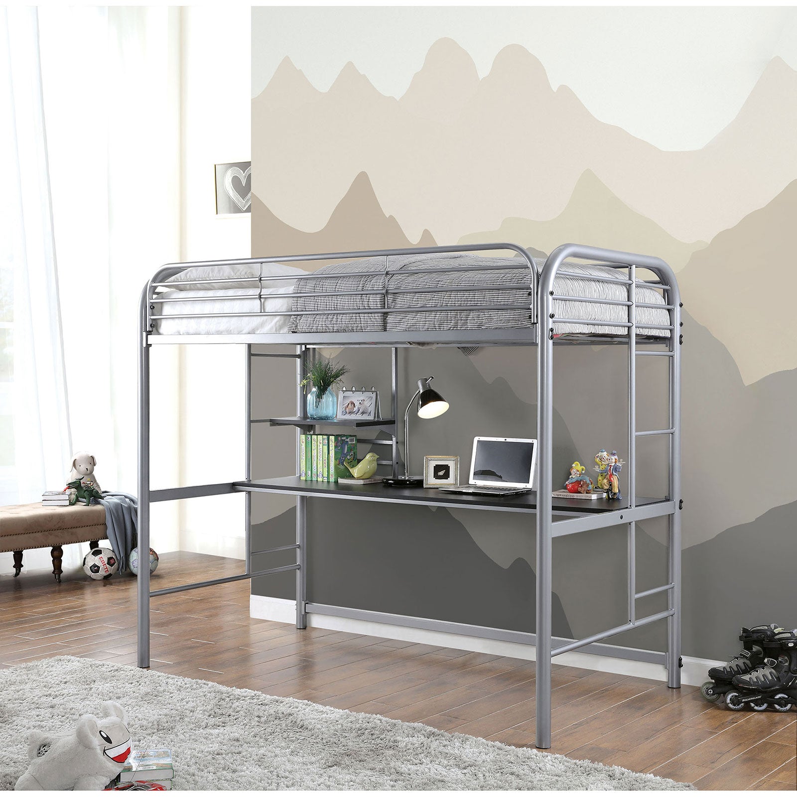 Contemporary Style Full Metal Construction Silver Finish Twin Loft Bed Attached Ladder Under Bed Shelves And Workstation With Top Guard Rails
