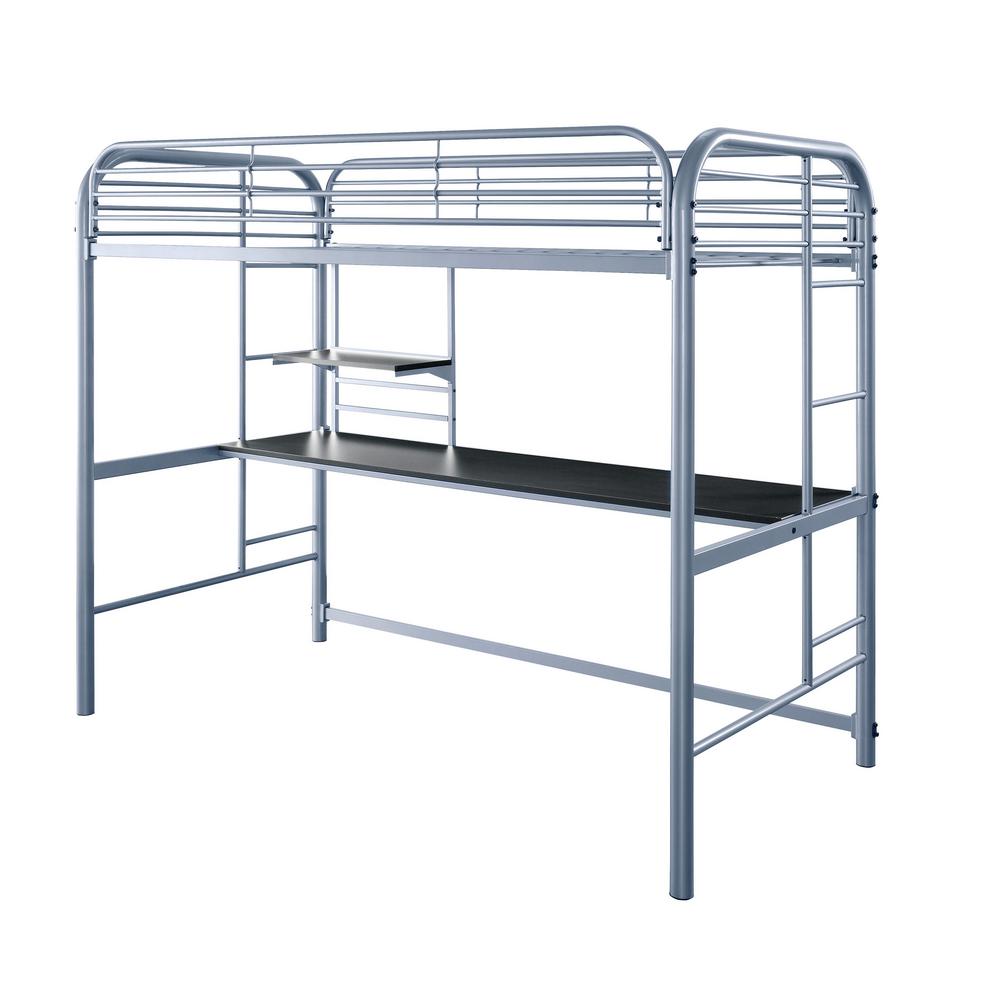 Contemporary Style Full Metal Construction Silver Finish Twin Loft Bed Attached Ladder Under Bed Shelves And Workstation With Top Guard Rails