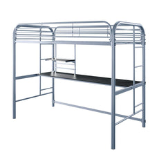 Contemporary Style Full Metal Construction Silver Finish Twin Loft Bed Attached Ladder Under Bed Shelves And Workstation With Top Guard Rails
