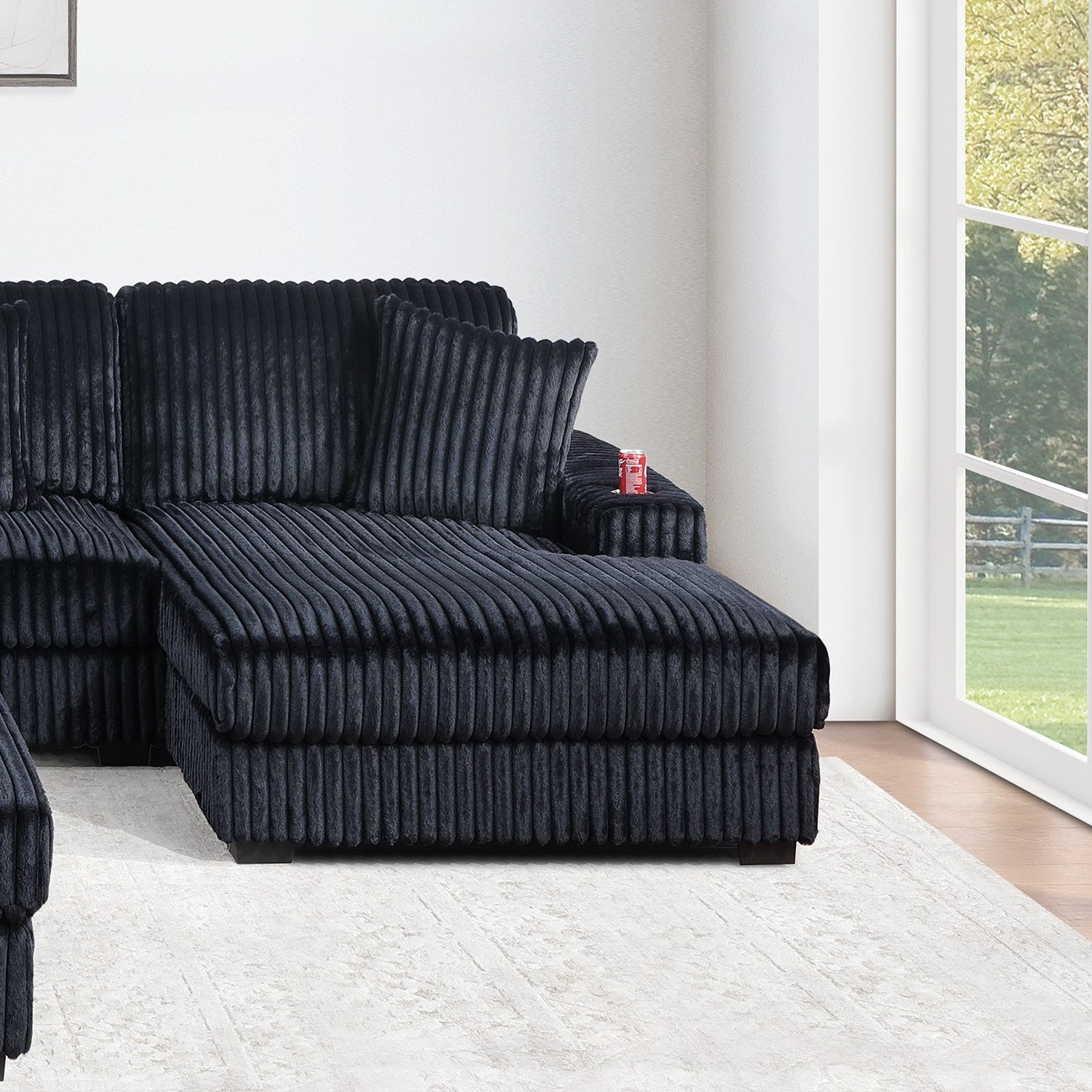 Black Corduroy Contemporary Style 1pc RAF Chaise w Cup Holder Only Modular Piece Texture Upholstered Living Room Furniture
