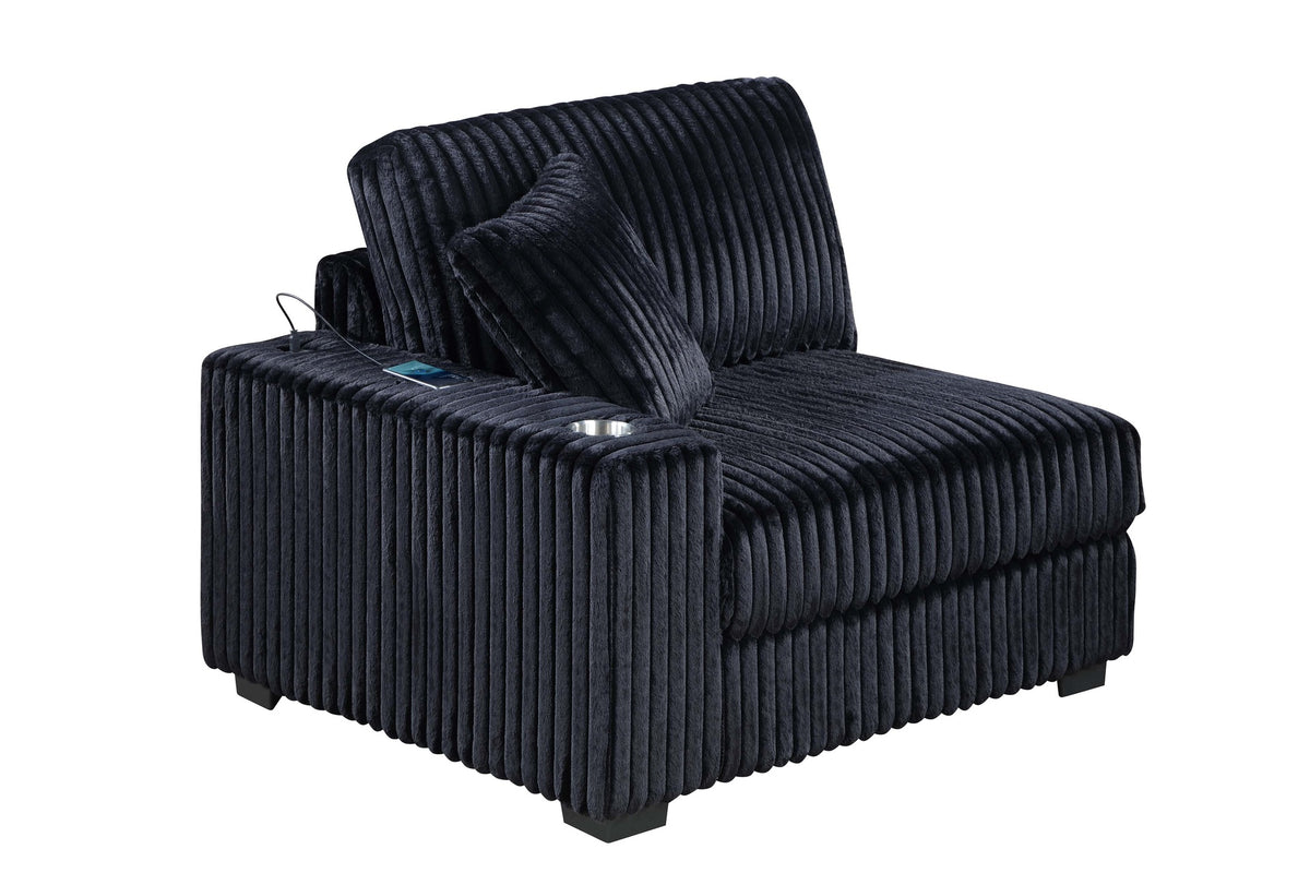 Contemporary Style 1pc LAF Chair w USB Cup Holder Armrest Black Corduroy Texture Surface Upholstered Living Room Couch Chair