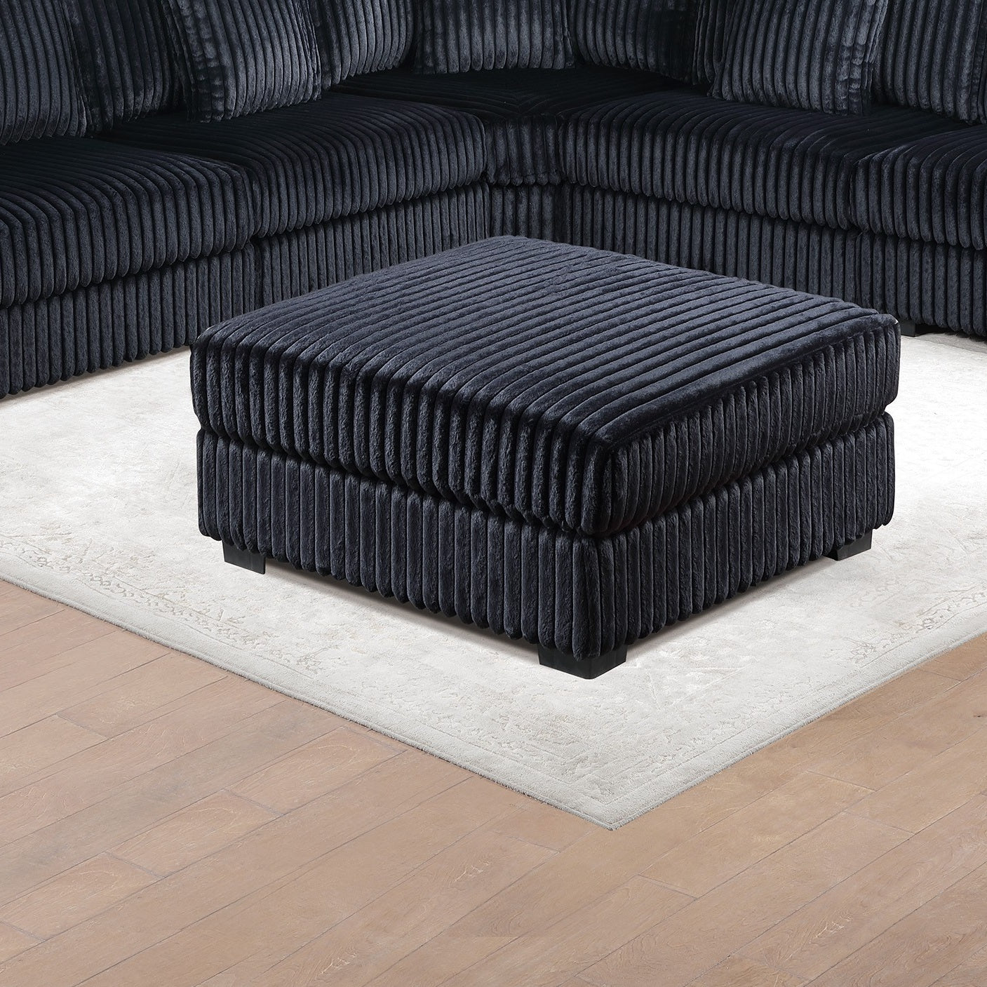 Black Fur-Like Corduroy 1pc Ottoman Fabric Upholstered Living Room Furniture Cozy Contemporary Style