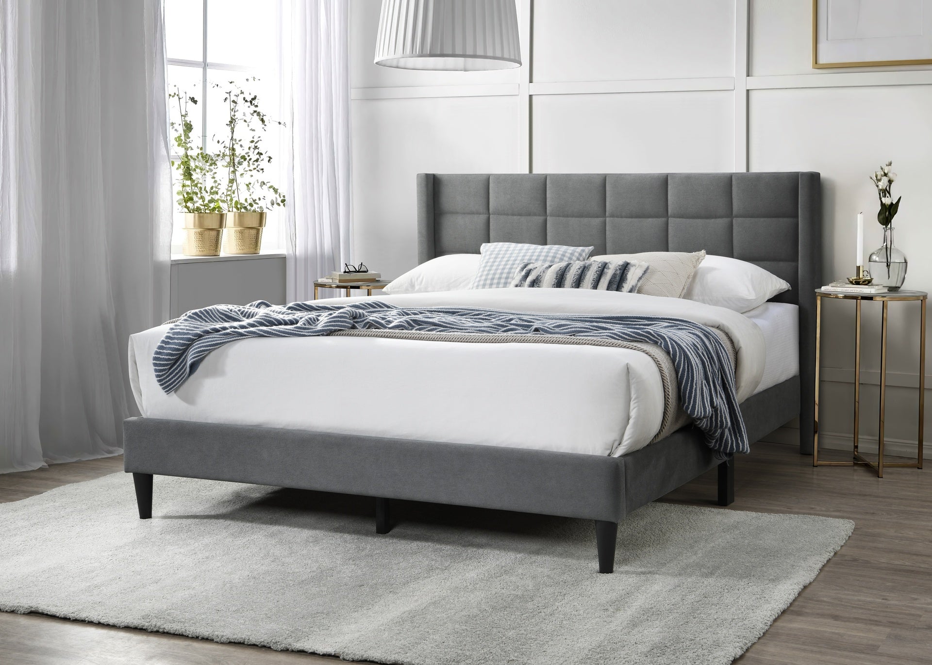 Elegant Modern 1pc Full Size Bed Upholstered Box Design Headboard Bedframe Gray Brushed Linen