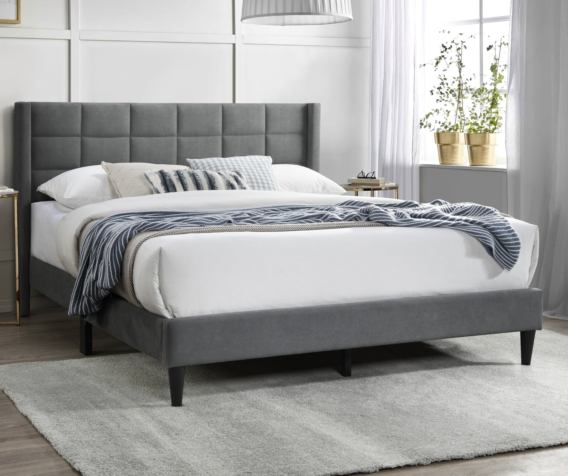 Elegant Modern 1pc Full Size Bed Upholstered Box Design Headboard Bedframe Gray Brushed Linen