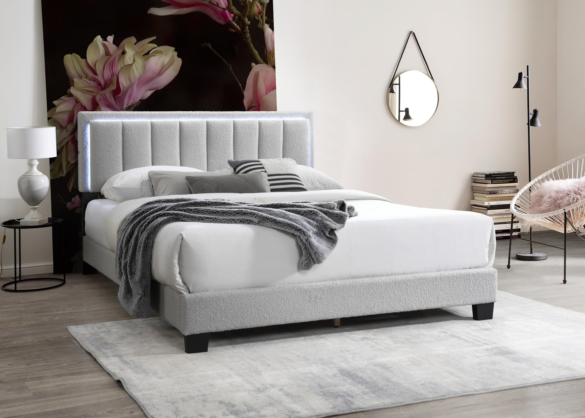 1pc Full Size Bed Channel Tufting w LED Full Upholstered Light Gray Finish Bedroom Furniture