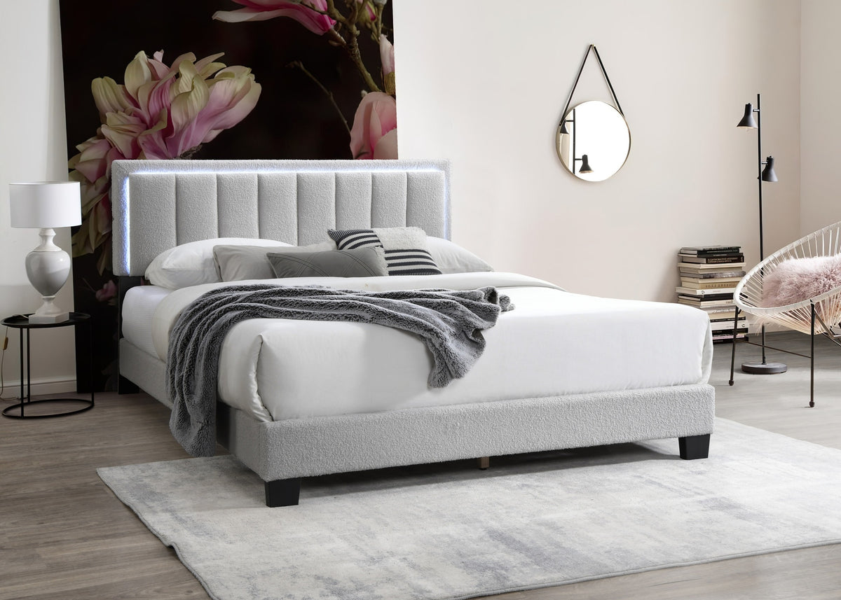 1pc Full Size Bed Channel Tufting w LED Full Upholstered Light Gray Finish Bedroom Furniture