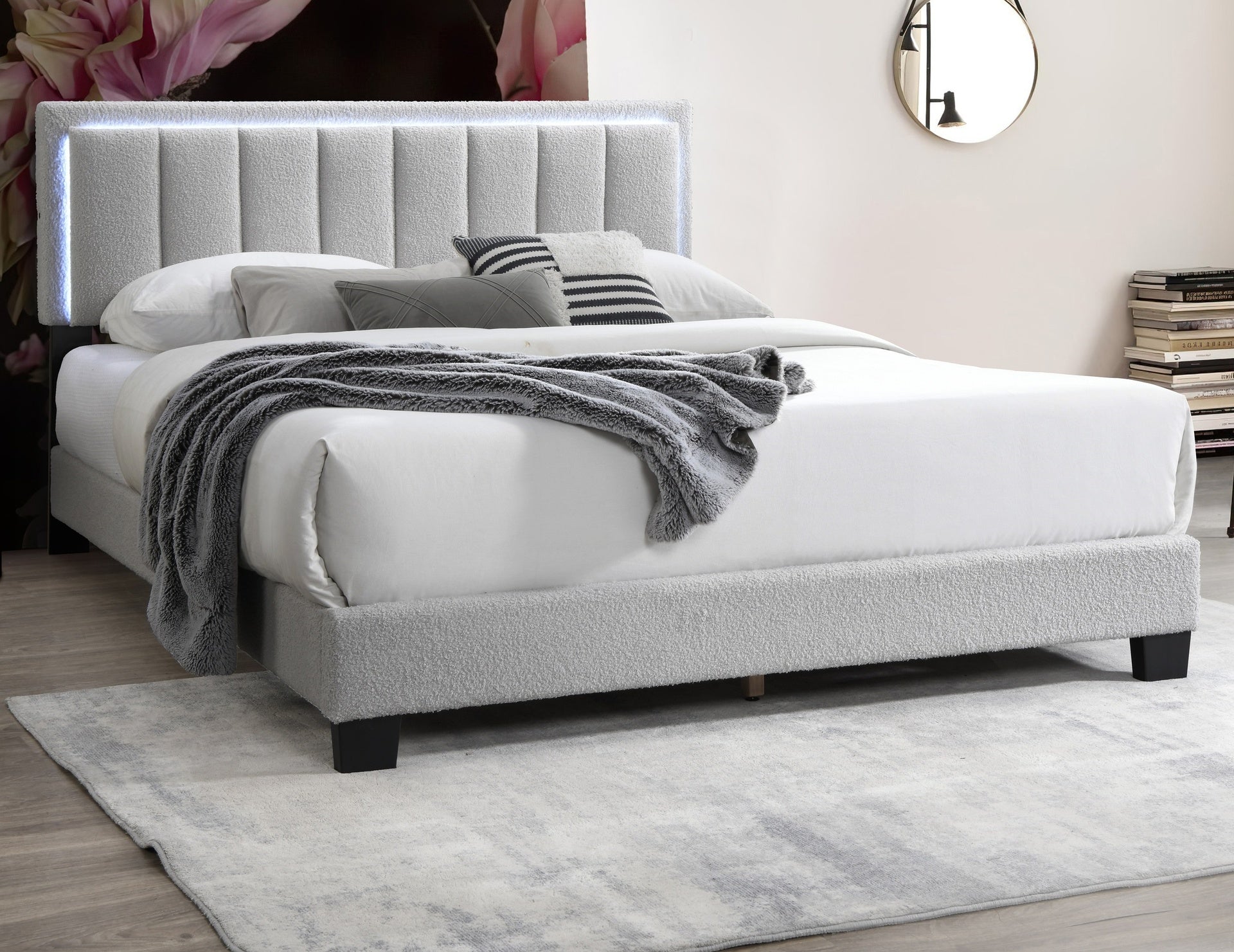 1pc Full Size Bed Channel Tufting w LED Full Upholstered Light Gray Finish Bedroom Furniture