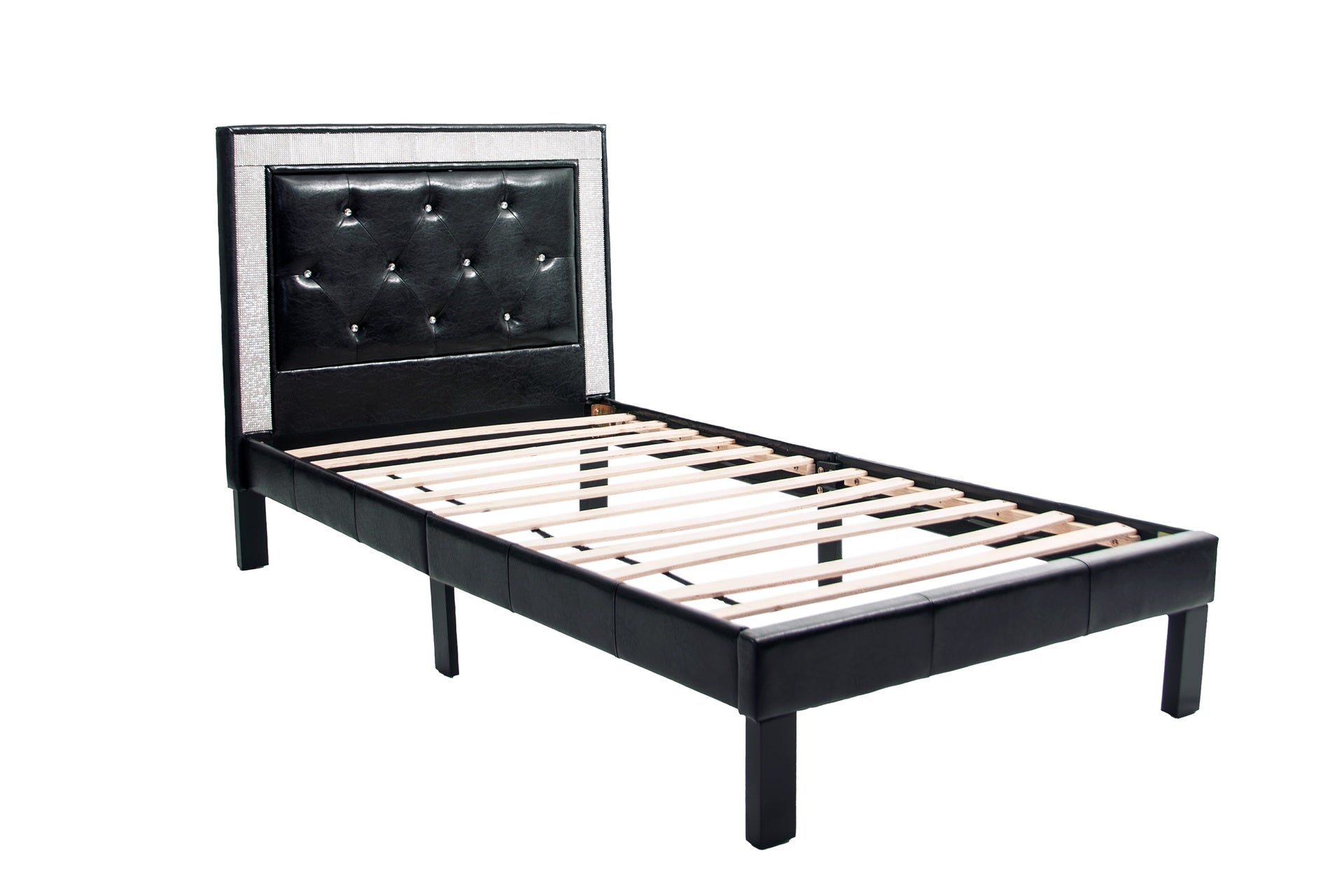 Glamours Style Twin Size Bed Diamond Tufted Padded Headboard Middle Support Legs Black Finish Bedroom Furniture