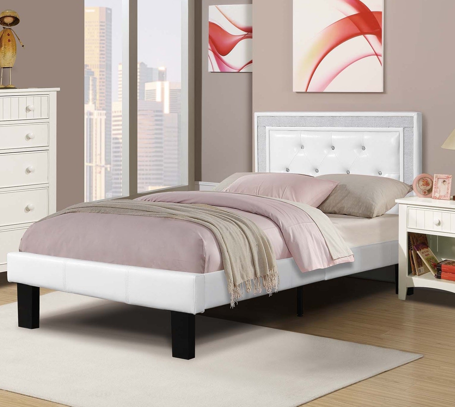 Glamours Style Twin Size Bed Diamond Tufted Padded Headboard Middle Support Legs White Finish Bedroom Furniture