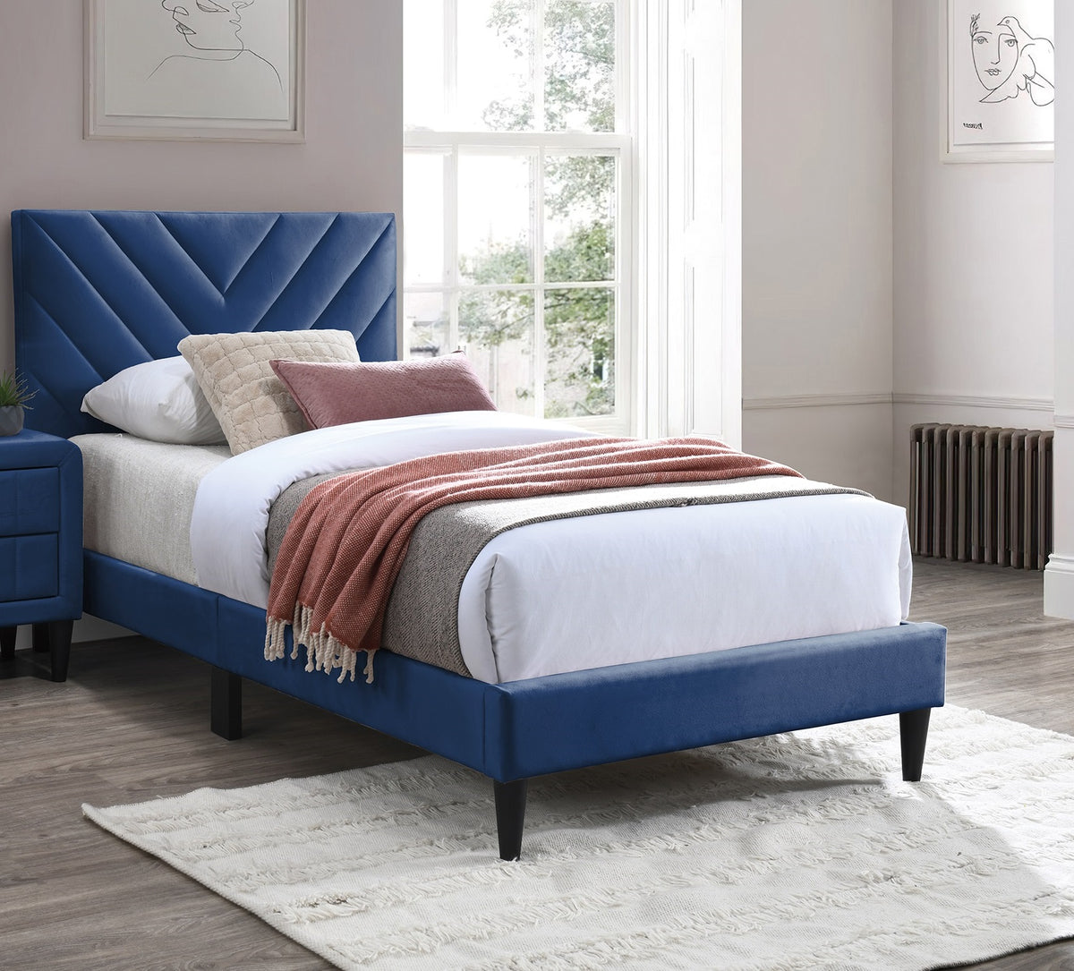 Contemporary Style Twin Size Bed Adjustable Headboard Middle Support Legs Navy Blue Finish Bedroom Furniture