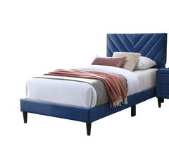 Contemporary Style Twin Size Bed Adjustable Headboard Middle Support Legs Navy Blue Finish Bedroom Furniture