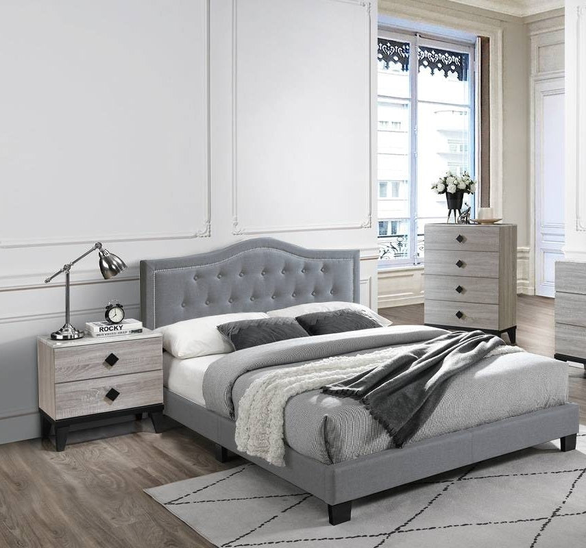 European style 1pc Queen Size Bed Velvet Fabric Button Tufted Headboard Gray Finish Bedroom Furniture