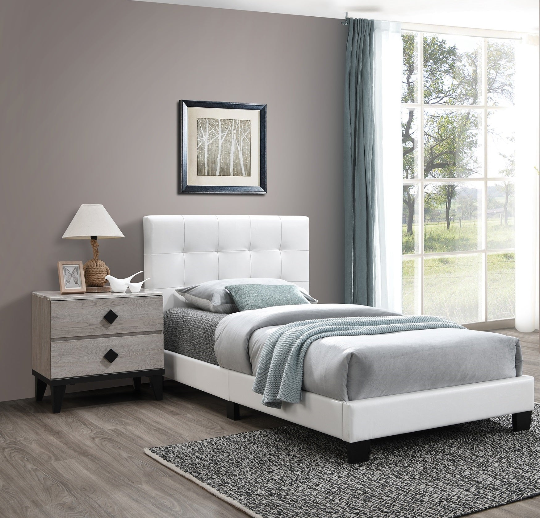 Modern Style 1pc Twin Size Bed Faux Leather Middle Support Legs Rectangle Headboard White Finish Bedroom Furniture