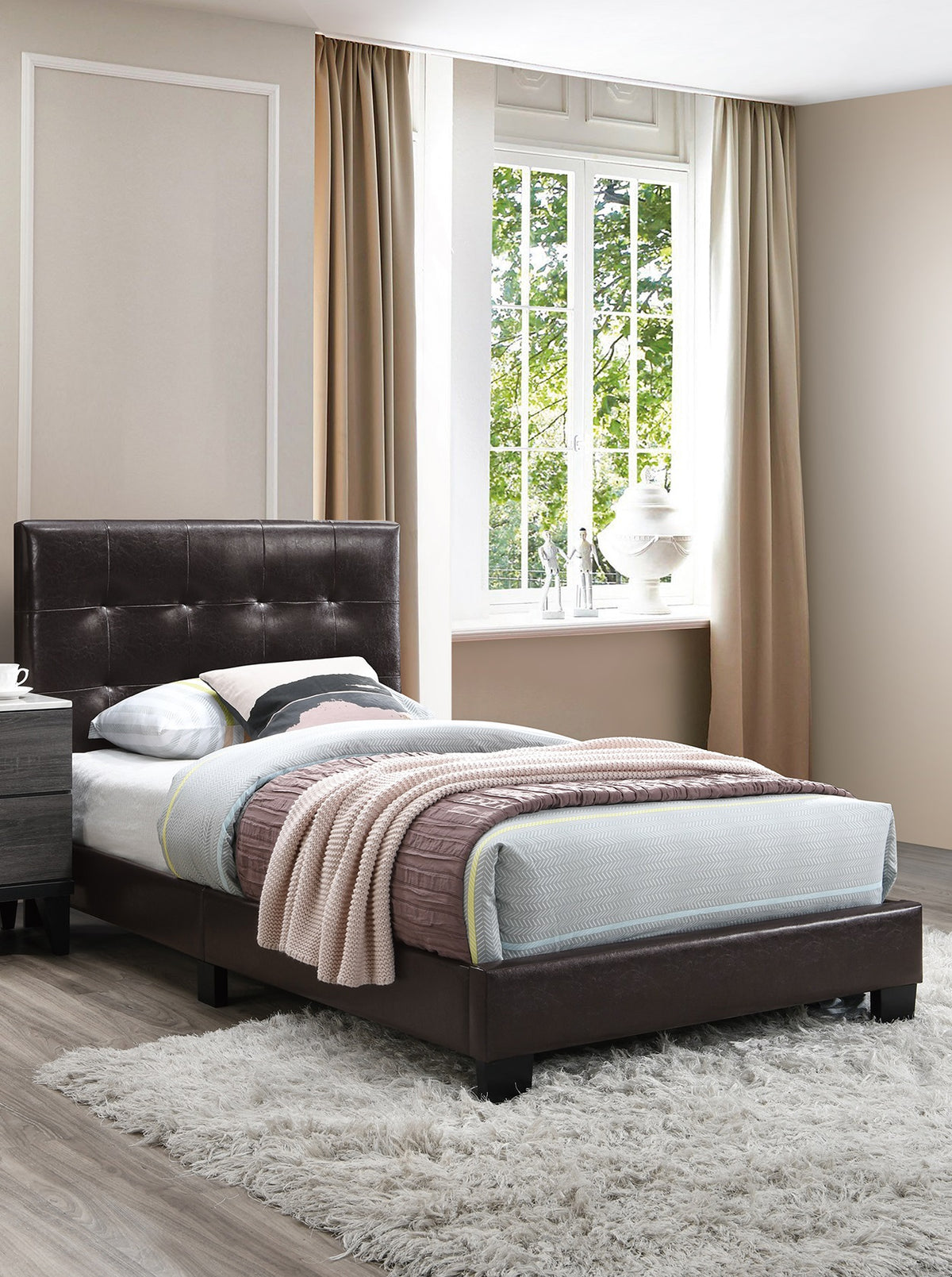 1pc Twin Size Bed Faux Leather Rectangle Headboard Brown Finish Bedroom Furniture