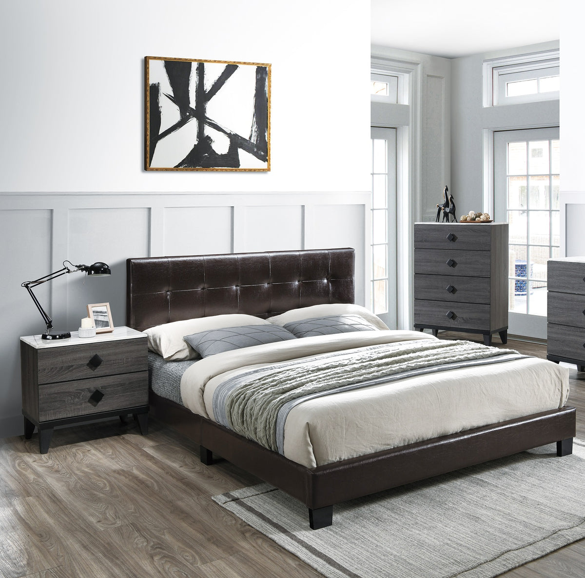 Contemporary Style 1pc Full Size Bed Faux Leather Rectangle Headboard Brown Finish Bedroom Furniture