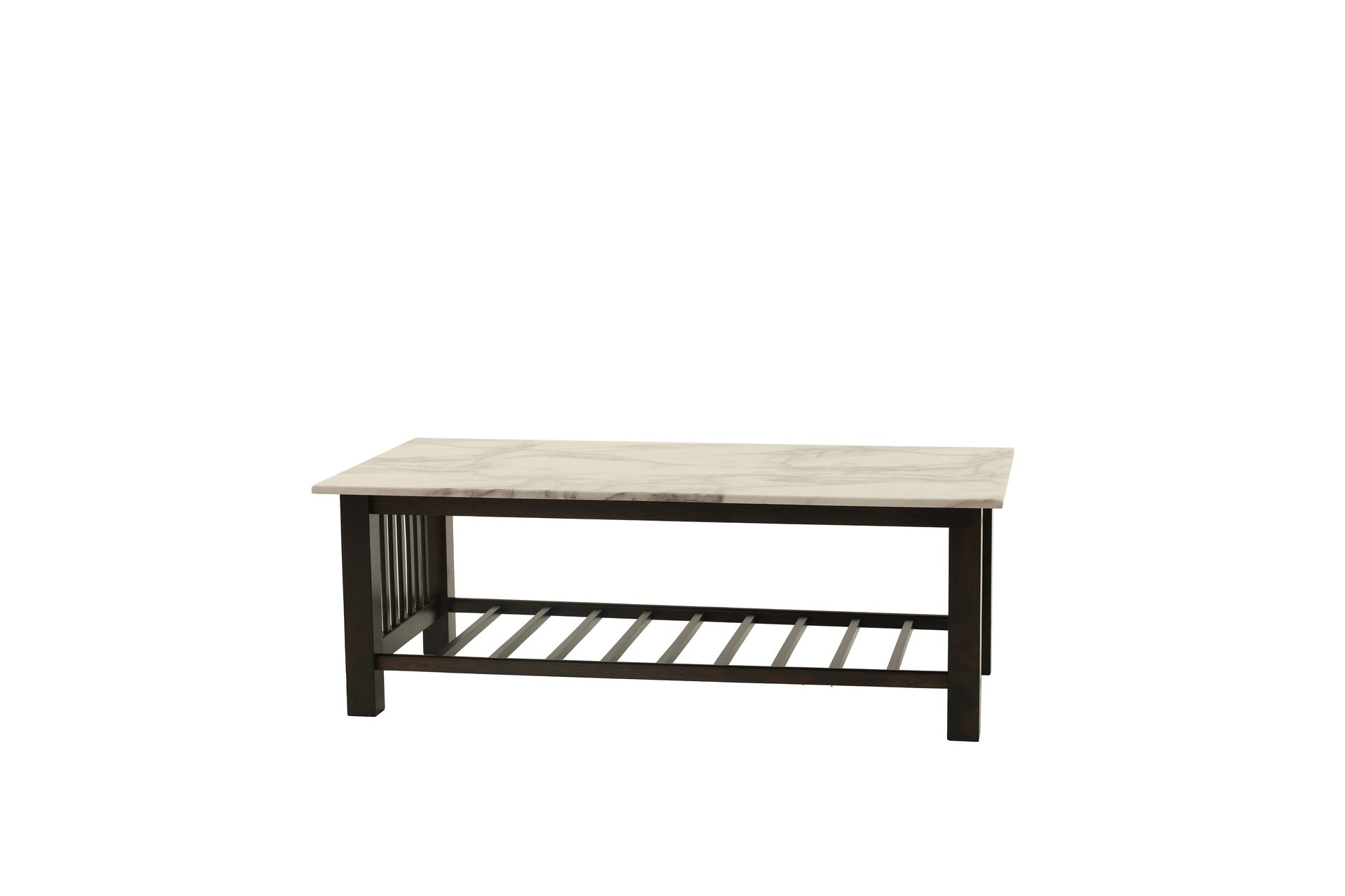 Modern Contemporary 1pc Coffee Table Faux Marble Top Antique Walnut Solid Legs Open Storage Shelf Occasional Table Living Room