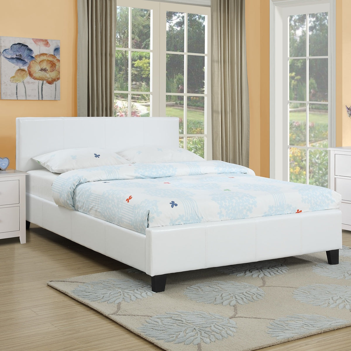 Classic White 1pc Queen Size Bed Faux Leather Upholstered Bedframe Bedroom Furniture Wooden Legs