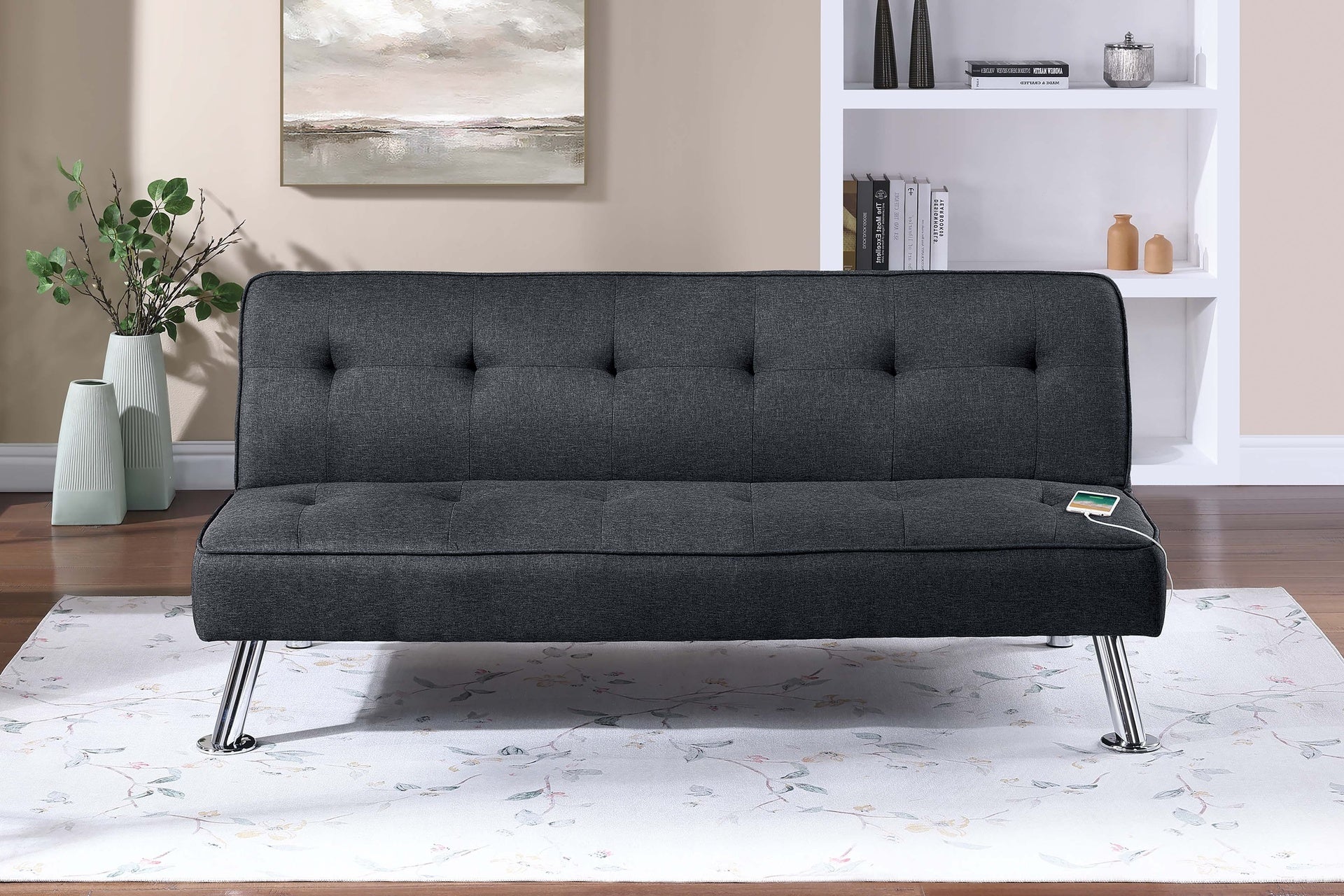 Black Color Polyfiber 1pc Adjustable Sofa Metal Legs Tufted Upholstered Plush Cushion Couch USB Living Room