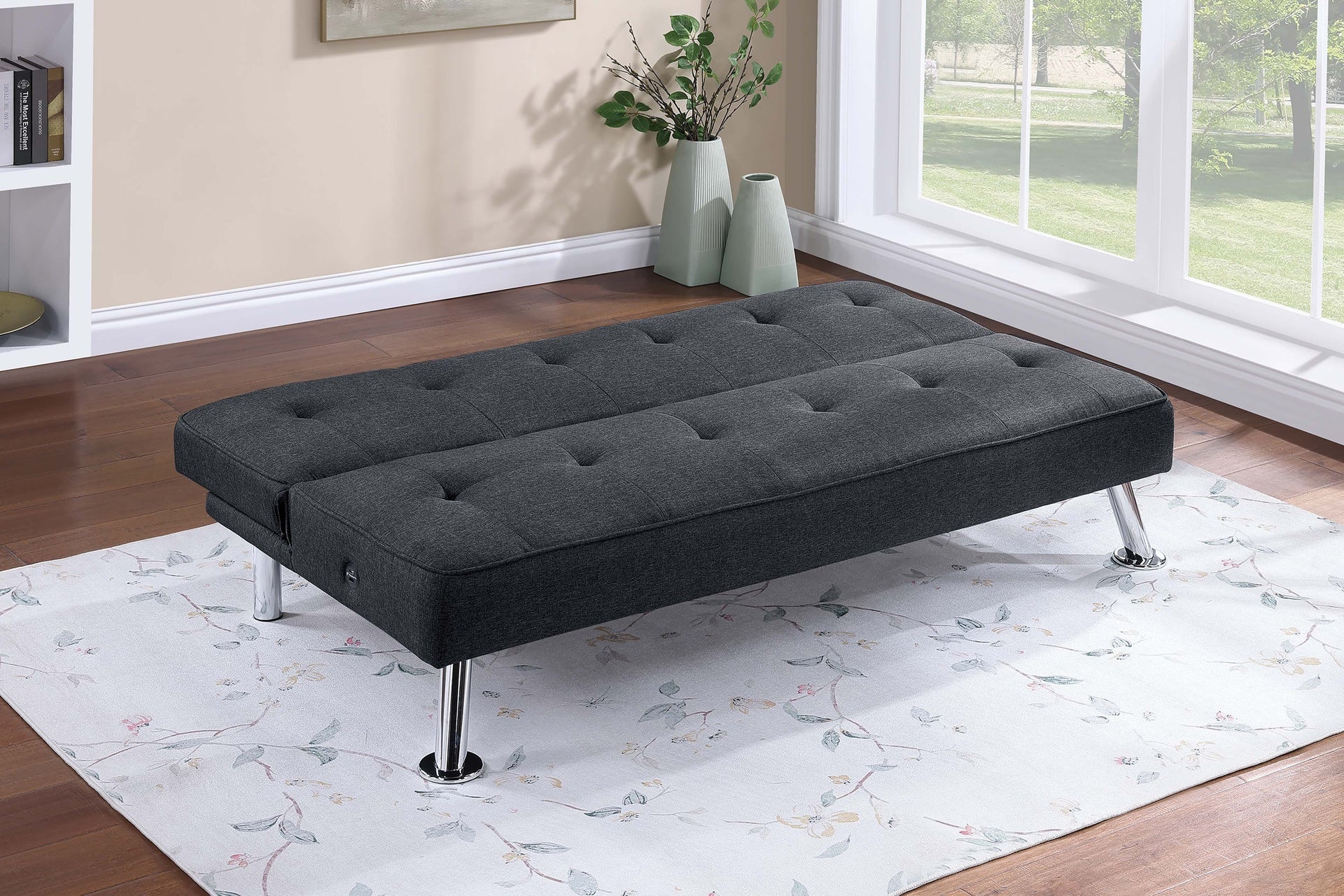 Black Color Polyfiber 1pc Adjustable Sofa Metal Legs Tufted Upholstered Plush Cushion Couch USB Living Room