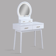 3pc Vanity Table and Stool Set Built-in Led-lit Mirror Matching Cushioned Stool Gold-accented Handles Wooden Home Furniture White