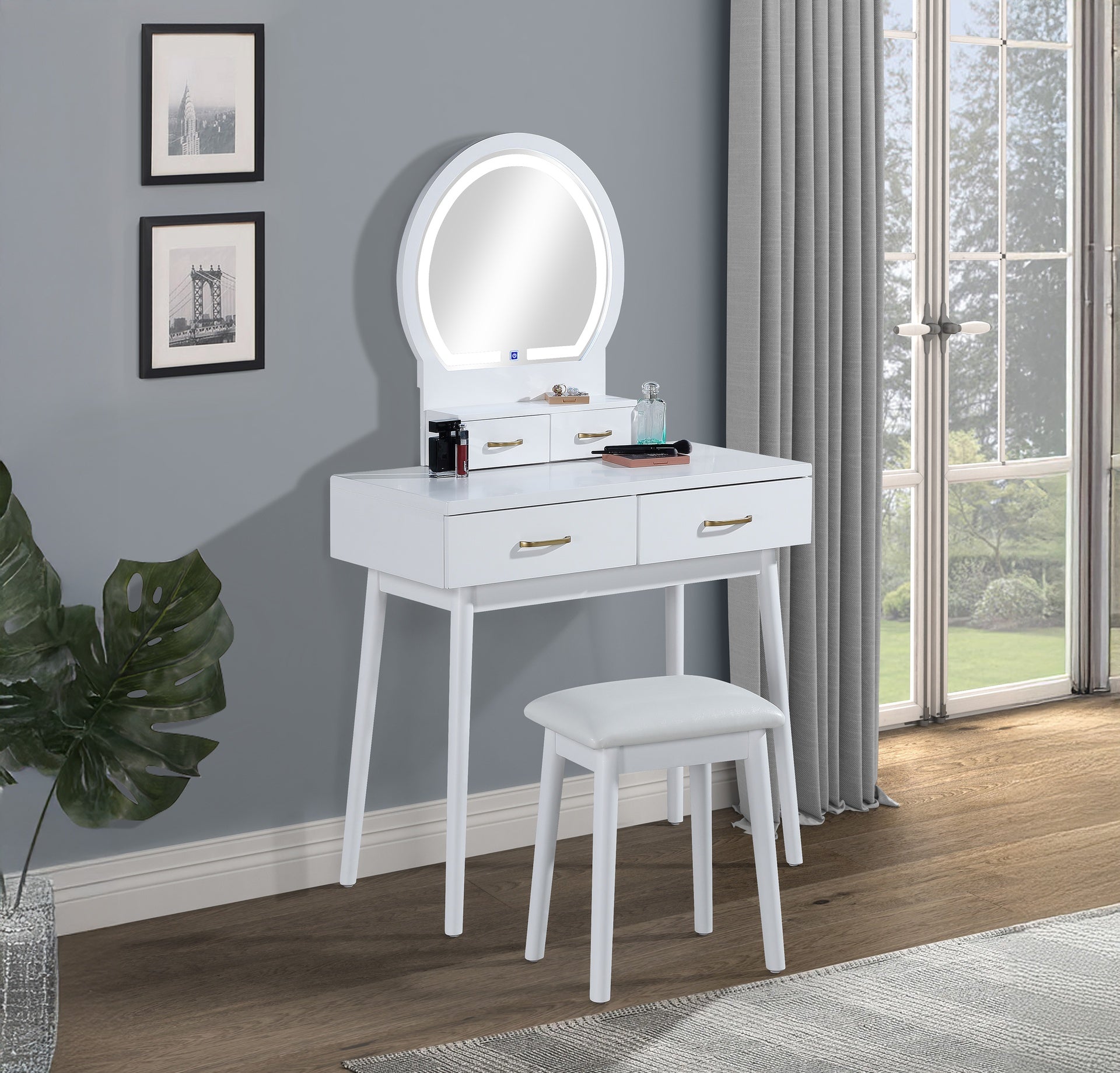 3pc Vanity Table and Stool Set Built-in Led-lit Mirror Matching Cushioned Stool Gold-accented Handles Wooden Home Furniture White