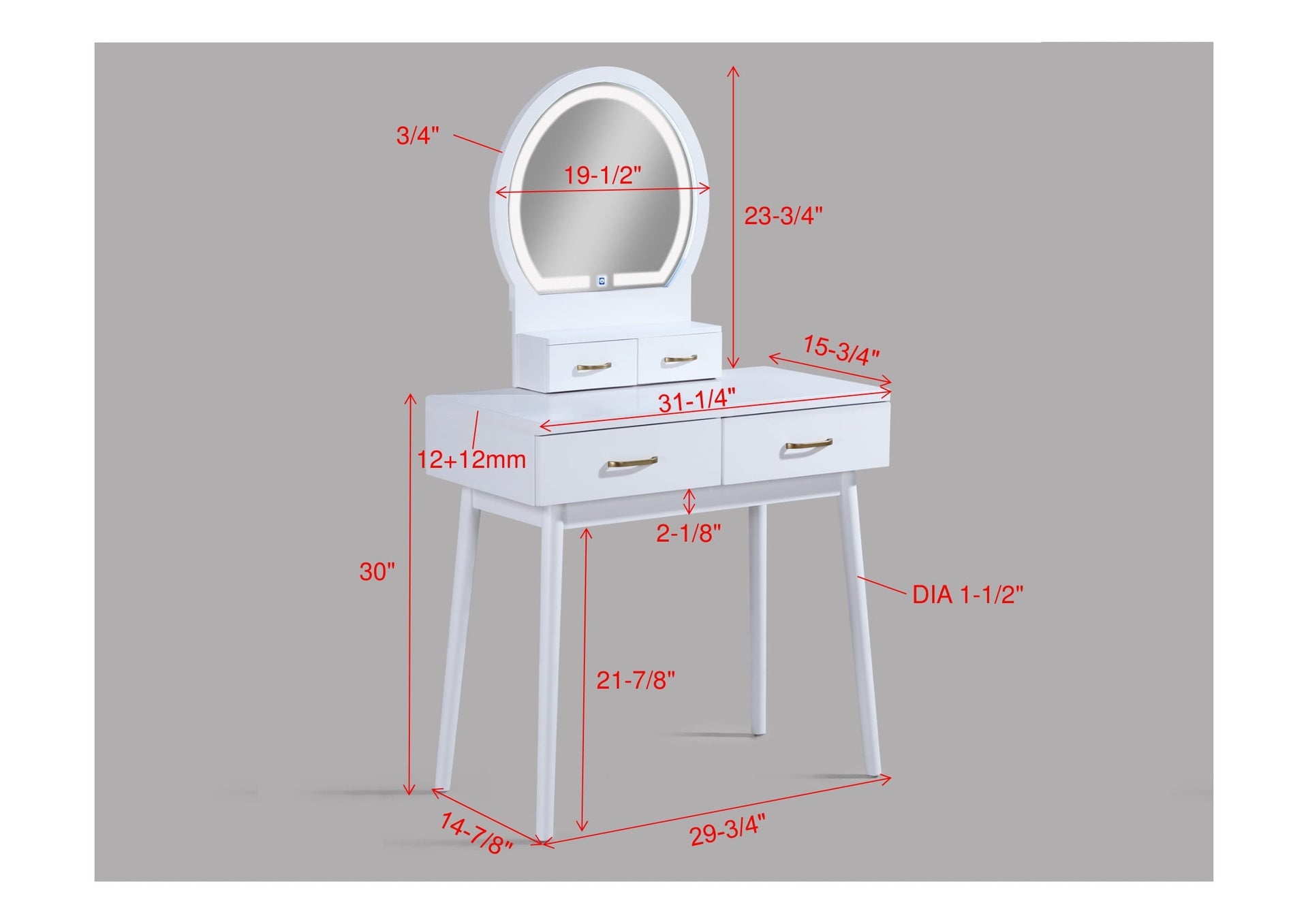 3pc Vanity Table and Stool Set Built-in Led-lit Mirror Matching Cushioned Stool Gold-accented Handles Wooden Home Furniture White