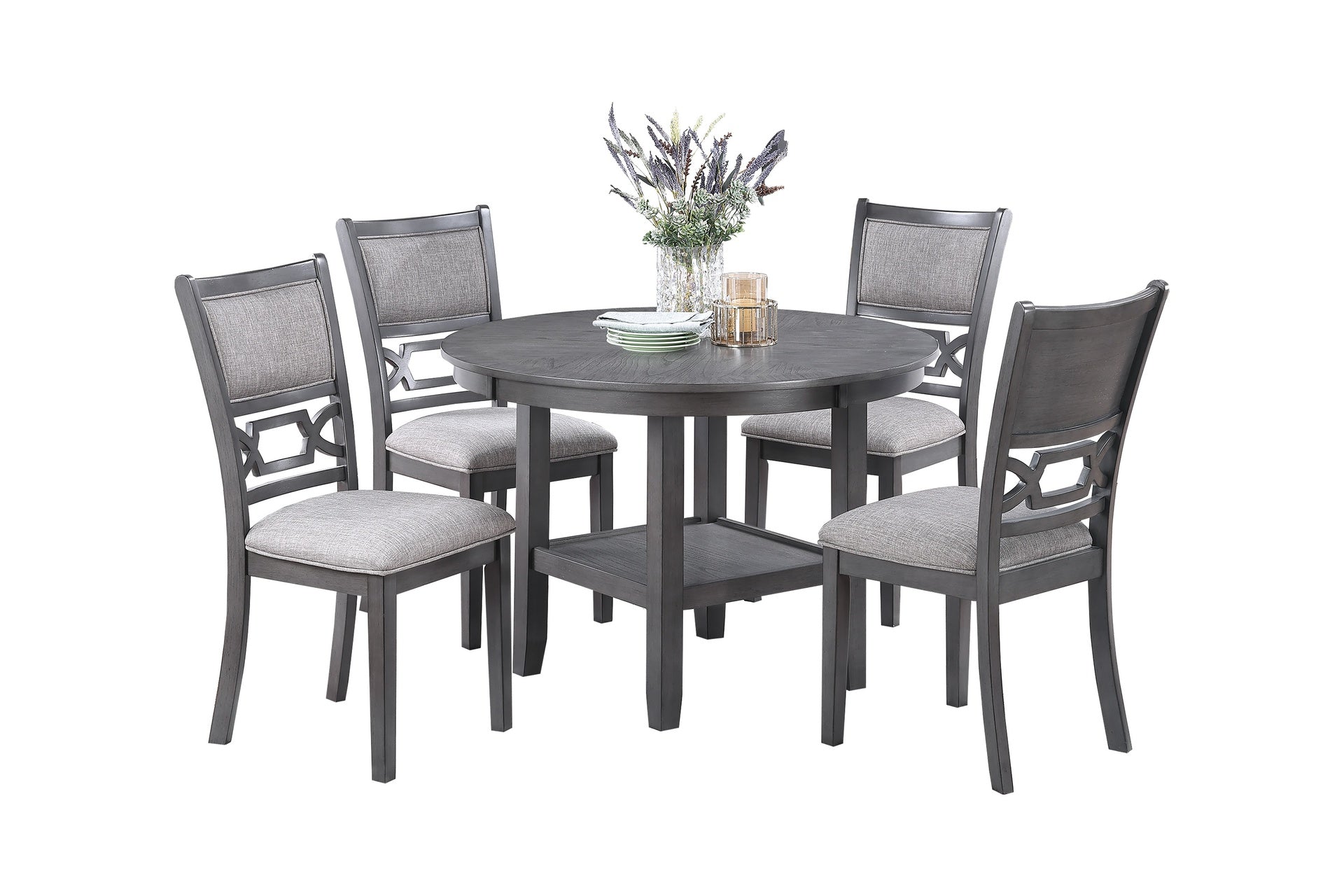 Gray Color 5pc Dining Set Round Table w Shelve Unique Design 4x Side Chairs Modern Contemporary Dining Room Furniture