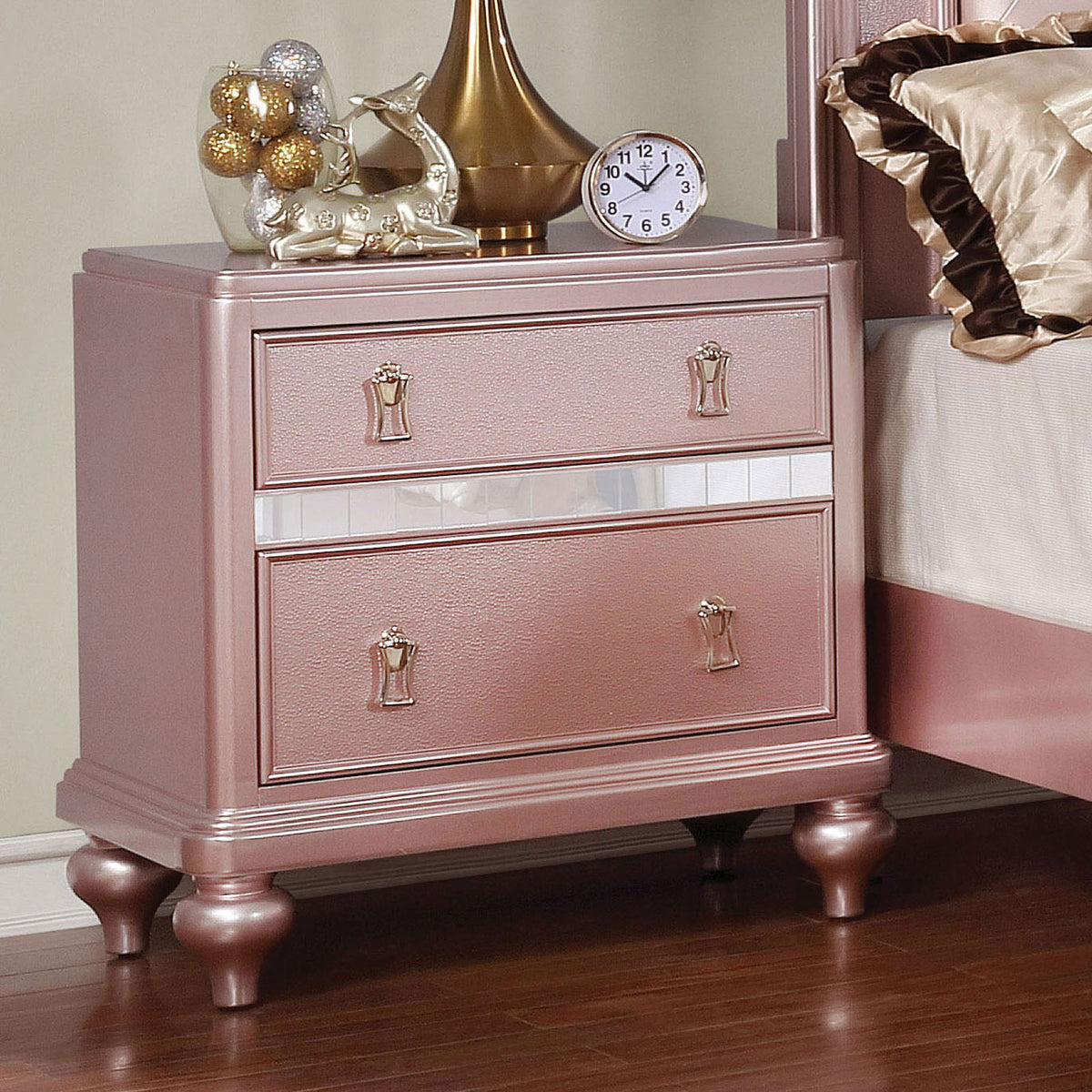 Elegant Contemporary Rose Gold 1pc Nightstand Nickel Hanging Knob 2-Drawers Bedside Table Mirror Accent Panels