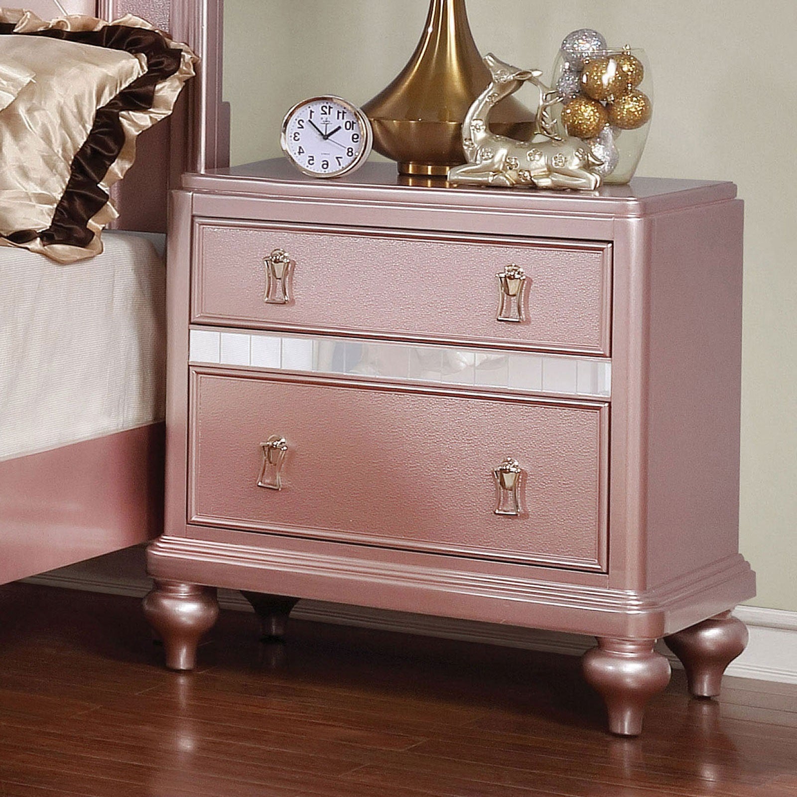 Elegant Contemporary Rose Gold 1pc Nightstand Nickel Hanging Knob 2-Drawers Bedside Table Mirror Accent Panels