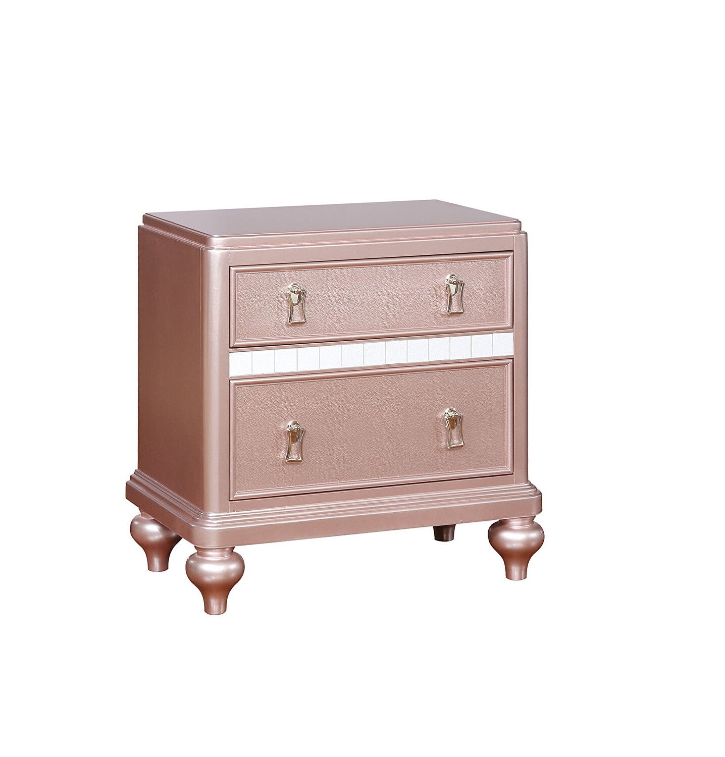 Elegant Contemporary Rose Gold 1pc Nightstand Nickel Hanging Knob 2-Drawers Bedside Table Mirror Accent Panels