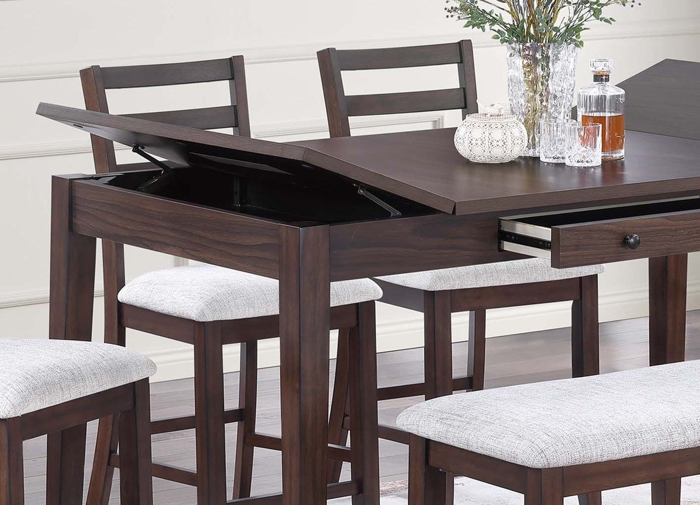 Walnut Color Dining Table w Drawers Built in Lift Top Storage 1pc Counter Height Table Dining Room Wooden Furniture