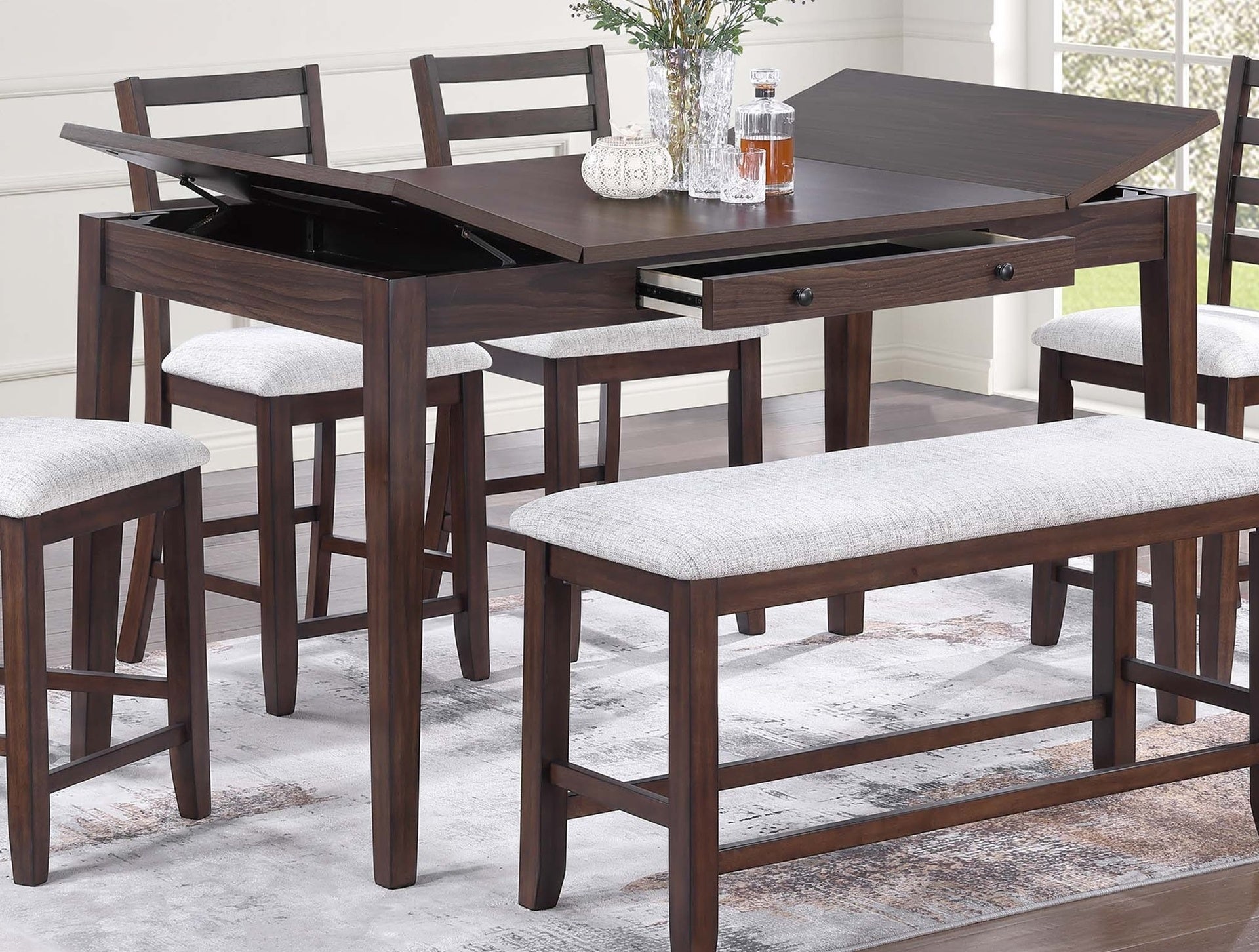 Walnut Color Dining Table w Drawers Built in Lift Top Storage 1pc Counter Height Table Dining Room Wooden Furniture