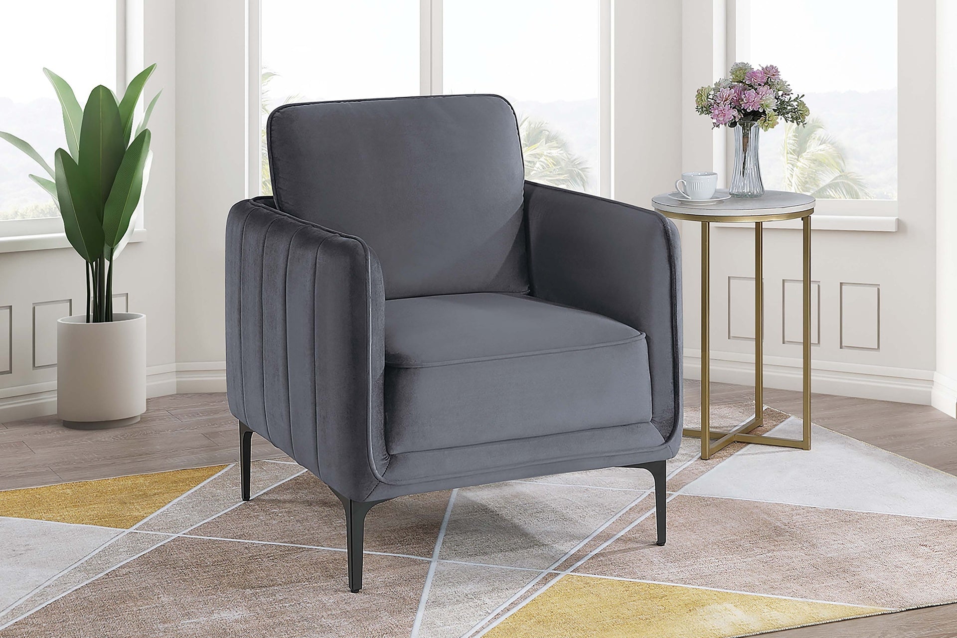 Beautiful Elegant 1pc Accent Chair Gray Velvet Fabric Upholstered Plush Metal Legs Living Room Chair